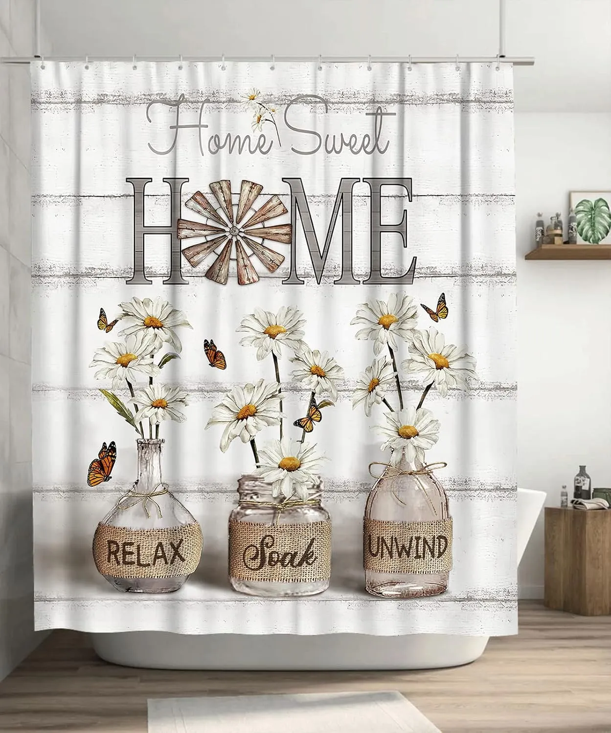 Tijuboni Farmhouse Daisy Shower Curtain White Flower Shower Curtains for Neutral Country Floral Bathroom Decor Rustic Shower Curtain Waterproof Polyester Fabric 60 x 72 Inch