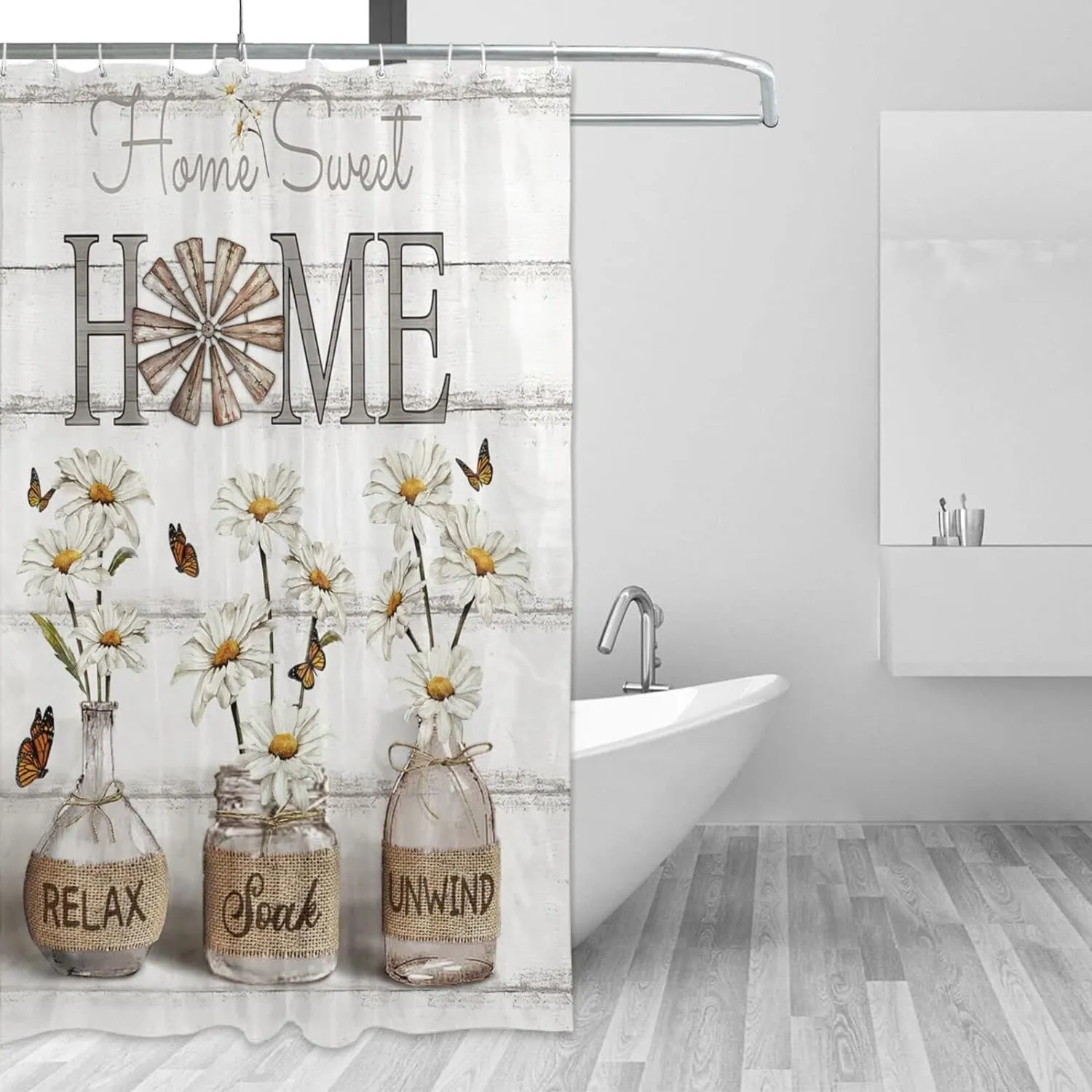 Tijuboni Farmhouse Daisy Shower Curtain White Flower Shower Curtains for Neutral Country Floral Bathroom Decor Rustic Shower Curtain Waterproof Polyester Fabric 60 x 72 Inch