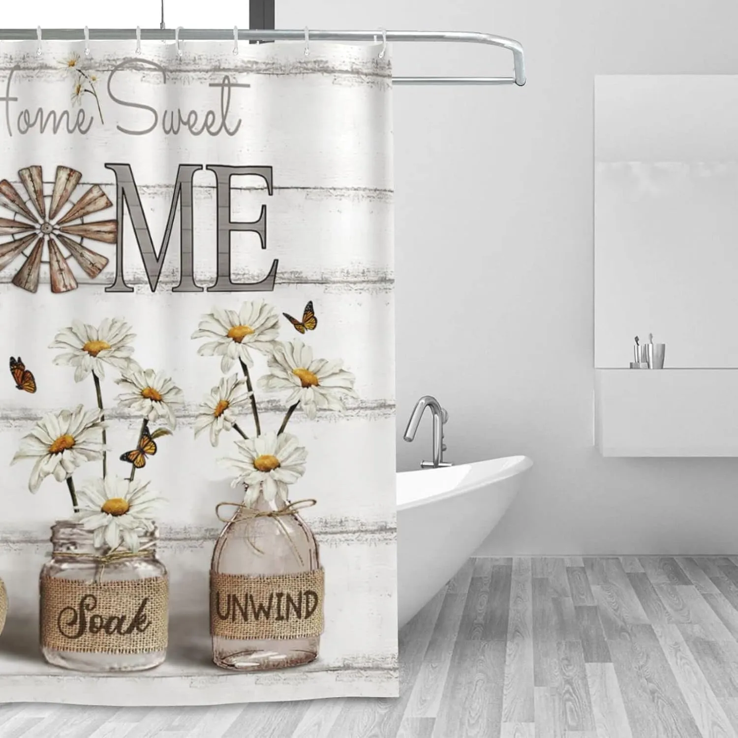Tijuboni Farmhouse Daisy Shower Curtain White Flower Shower Curtains for Neutral Country Floral Bathroom Decor Rustic Shower Curtain Waterproof Polyester Fabric 60 x 72 Inch