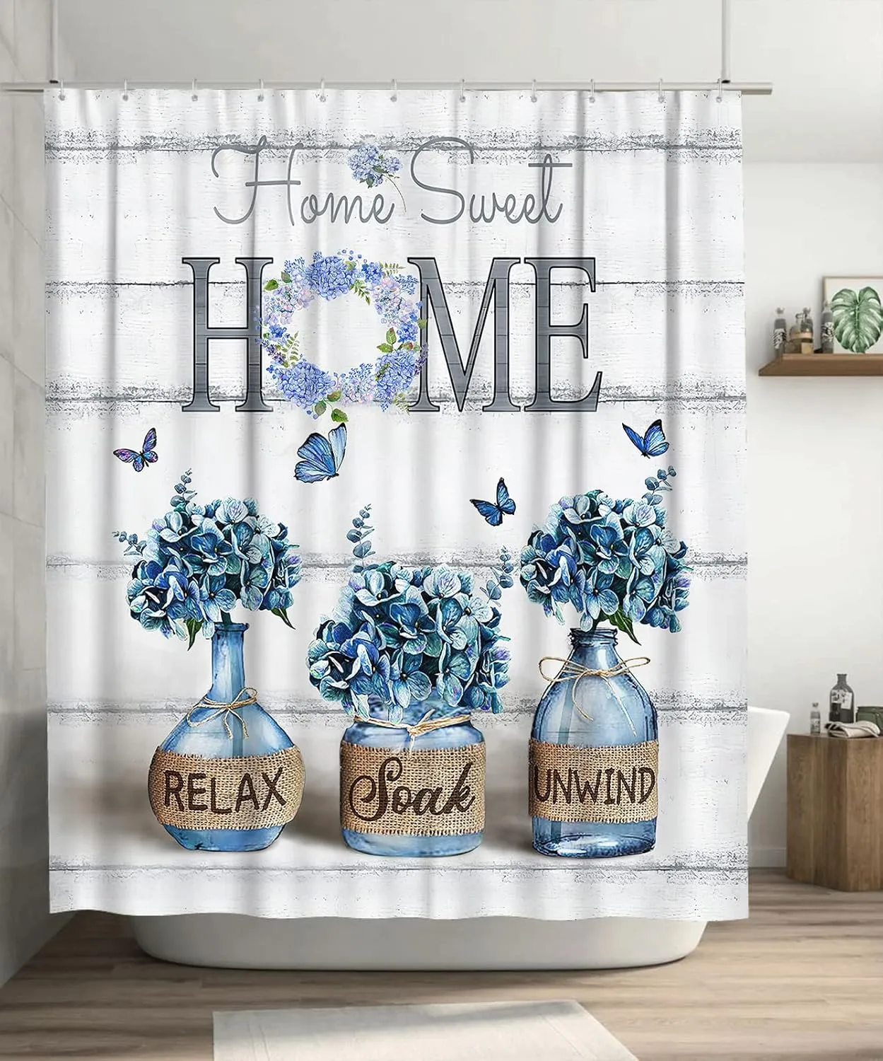Tijuboni Farmhouse Hydrangea Shower Curtain Blue Flower Shower Curtains for Neutral Country Floral Bathroom Decor Rustic Shower Curtain Waterproof Polyester Fabric 60 x 72 Inch