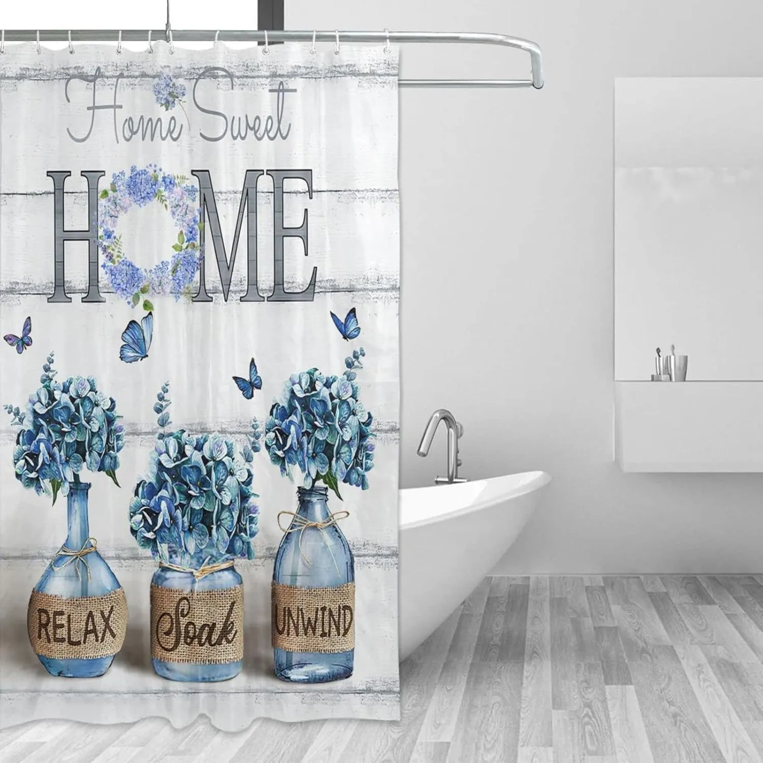 Tijuboni Farmhouse Hydrangea Shower Curtain Blue Flower Shower Curtains for Neutral Country Floral Bathroom Decor Rustic Shower Curtain Waterproof Polyester Fabric 60 x 72 Inch