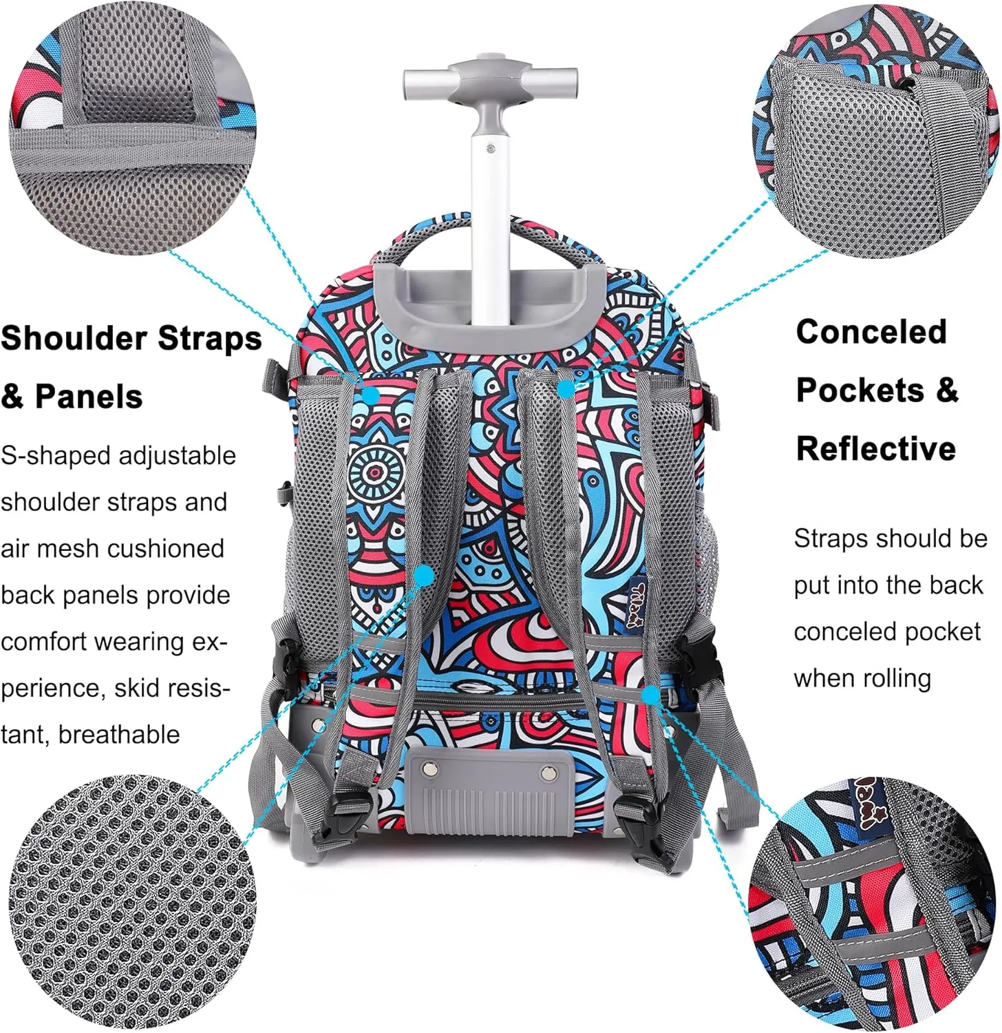 Tilami Rolling Backpack, 19 inch Shoulder Drop, Concealed Pockets and Wheel Cover, Laptop Backpack for Boys and Girls, Red Blue Flower