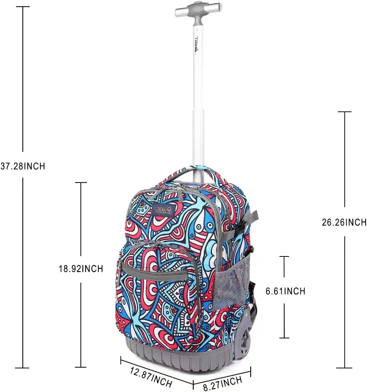 Tilami Rolling Backpack, 19 inch Shoulder Drop, Concealed Pockets and Wheel Cover, Laptop Backpack for Boys and Girls, Red Blue Flower