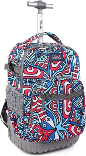 Tilami Rolling Backpack, 19 inch Shoulder Drop, Concealed Pockets and Wheel Cover, Laptop Backpack for Boys and Girls, Red Blue Flower