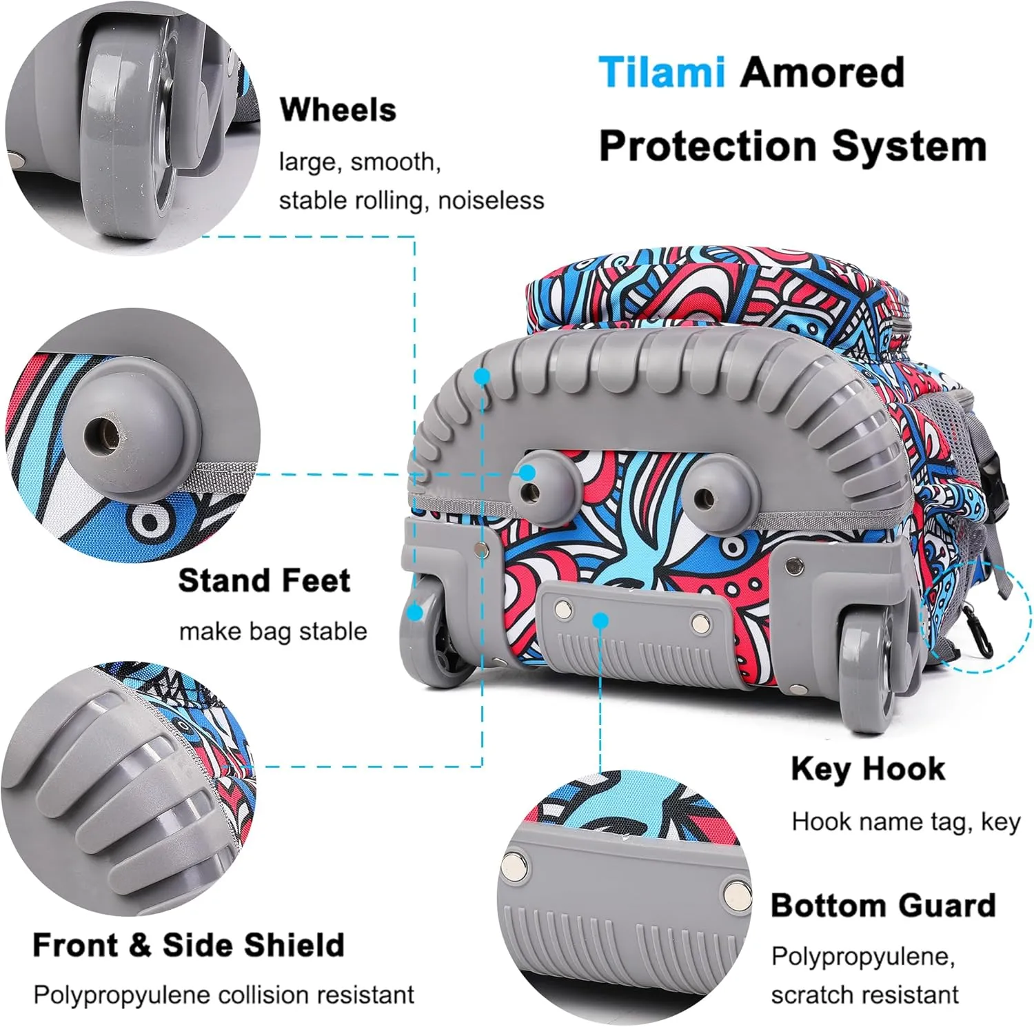 Tilami Rolling Backpack, 19 inch Shoulder Drop, Concealed Pockets and Wheel Cover, Laptop Backpack for Boys and Girls, Red Blue Flower