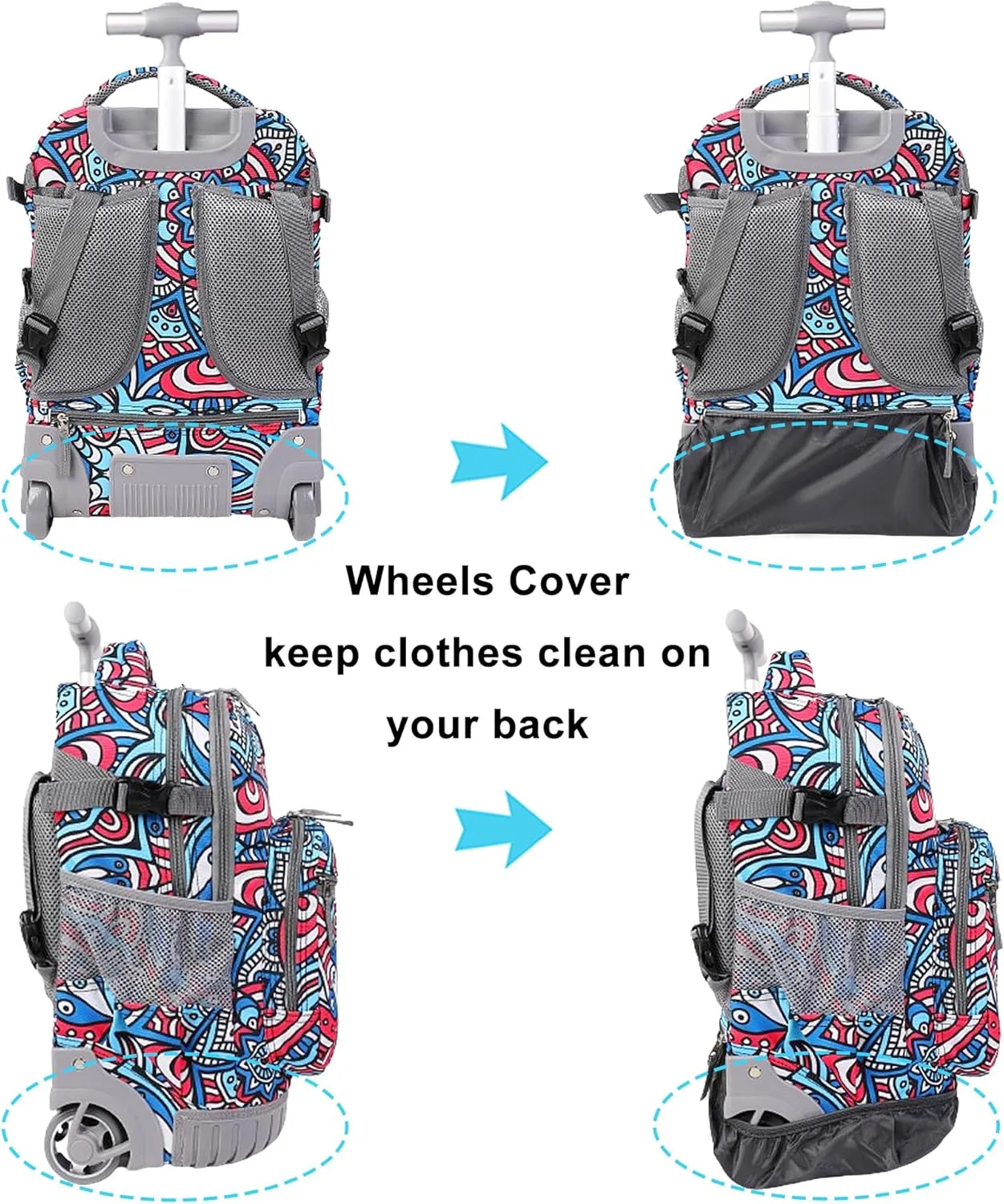 Tilami Rolling Backpack, 19 inch Shoulder Drop, Concealed Pockets and Wheel Cover, Laptop Backpack for Boys and Girls, Red Blue Flower