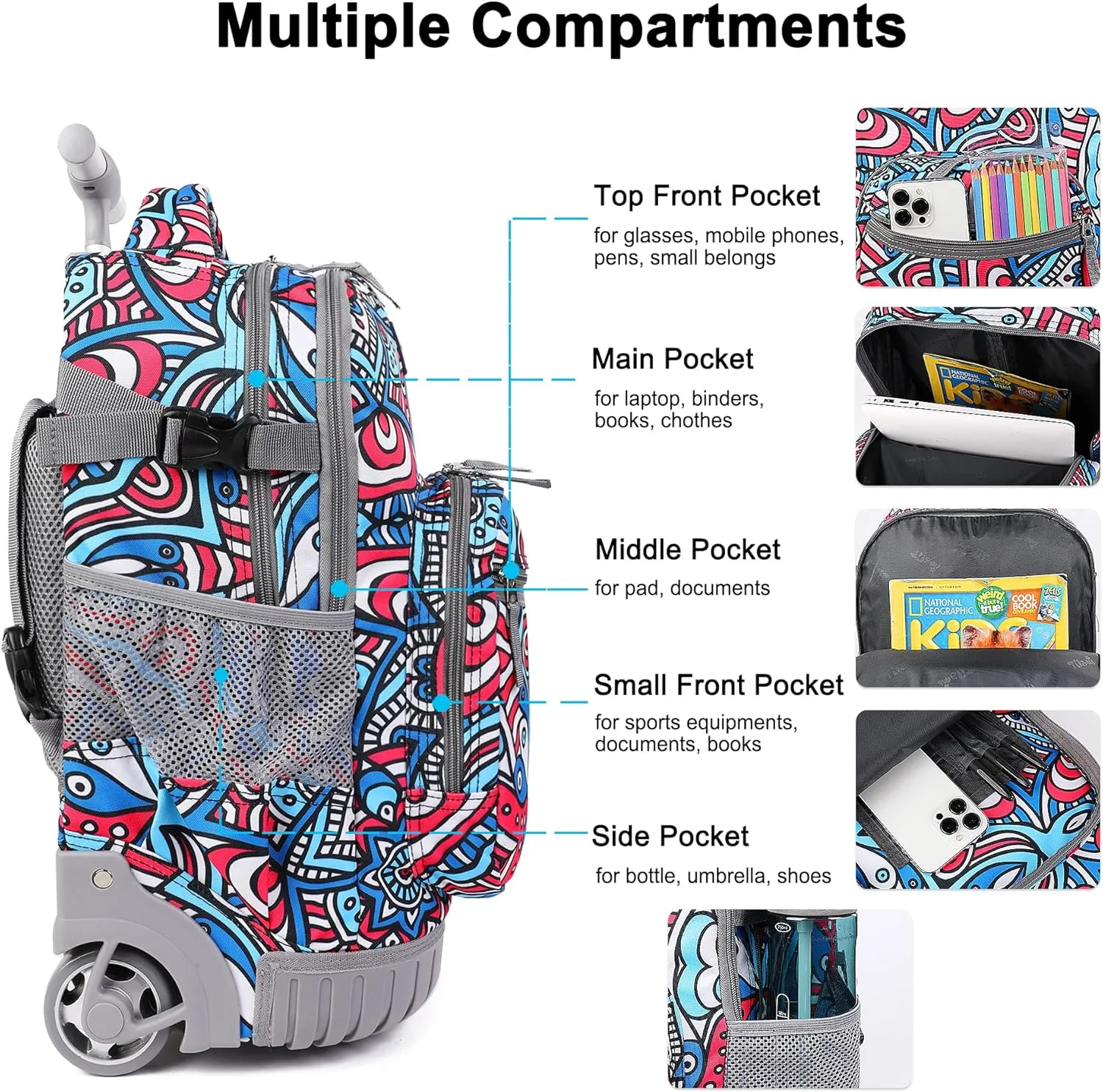 Tilami Rolling Backpack, 19 inch Shoulder Drop, Concealed Pockets and Wheel Cover, Laptop Backpack for Boys and Girls, Red Blue Flower
