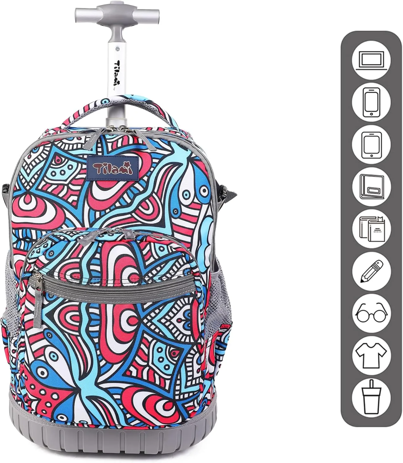 Tilami Rolling Backpack, 19 inch Shoulder Drop, Concealed Pockets and Wheel Cover, Laptop Backpack for Boys and Girls, Red Blue Flower