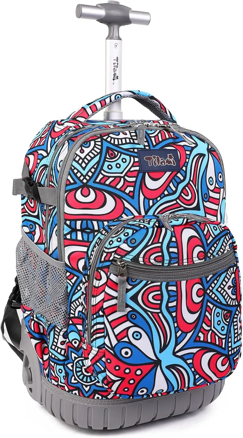 Tilami Rolling Backpack, 19 inch Shoulder Drop, Concealed Pockets and Wheel Cover, Laptop Backpack for Boys and Girls, Red Blue Flower