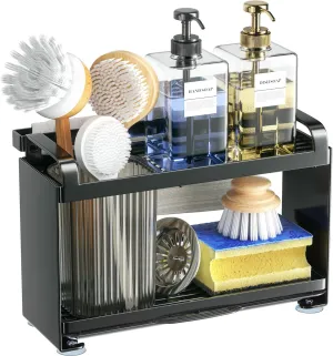 Tindbea Double Layer Kitchen Caddy Sink Organizer with Brush Holder & Drain Tray,Sponge Holder Carbon Steel Rustproof for Kitchen Sink Counter - Storage Kitchen Accessories…