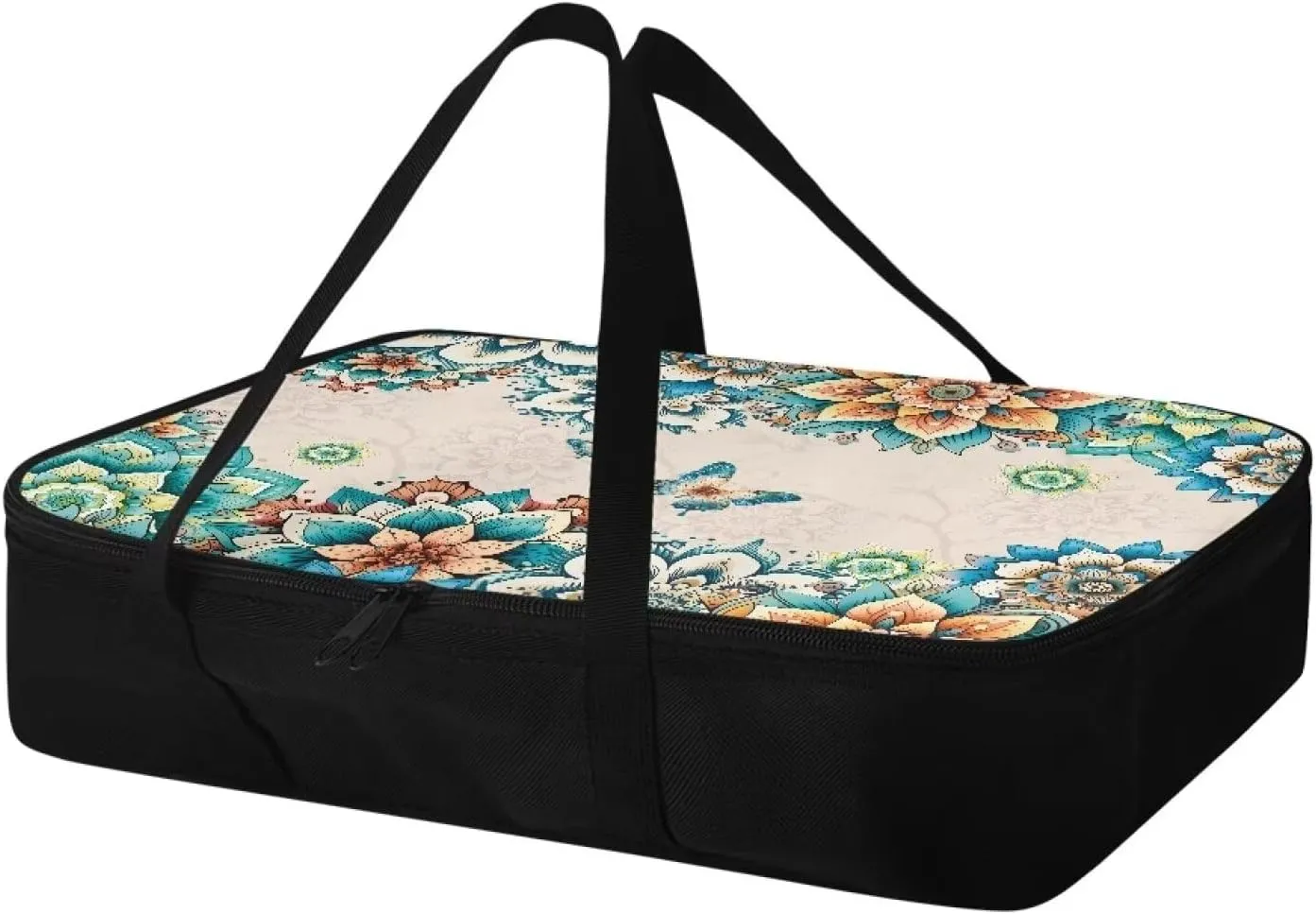 TODIYADDU Casserole Dish with Lid and Carrying Case Boho Flower Butterfly Food Warming Bag for Women Men Rectangular Leakproof Food Storage Container Insulated Thermal Lunch Tote for Potluck Picnic