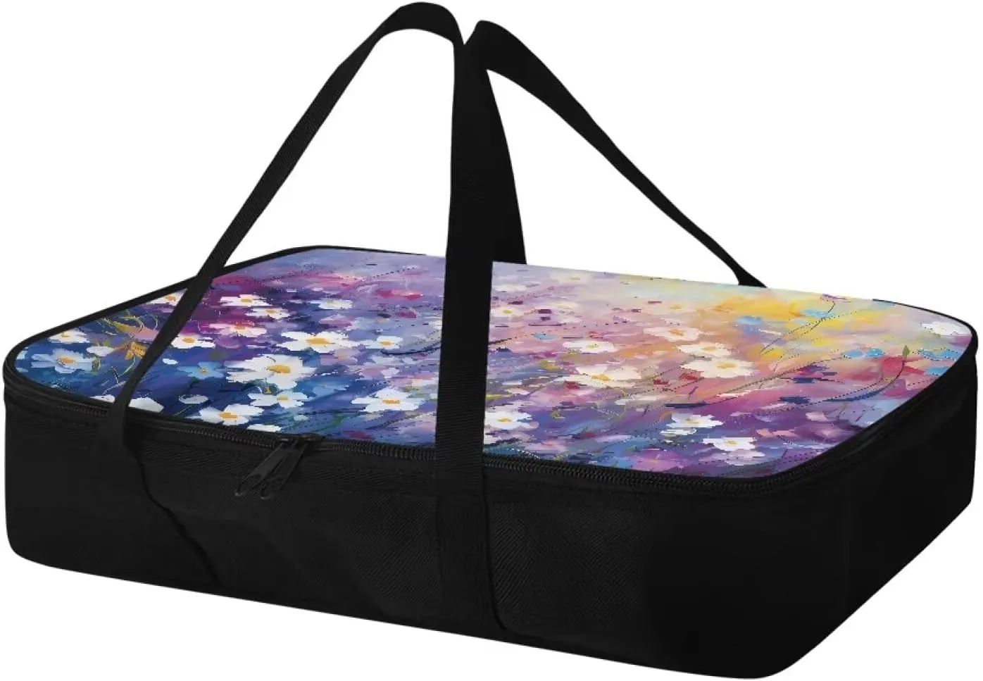 TODIYADDU Purple Flowering Shrubs Casserole Carrier for Women Oil Painting Food Warmer Container with Carrying Strap Trendy Food Carrying Bag for Picnic Potluck Portable Lasagna Holder Lunch Bag