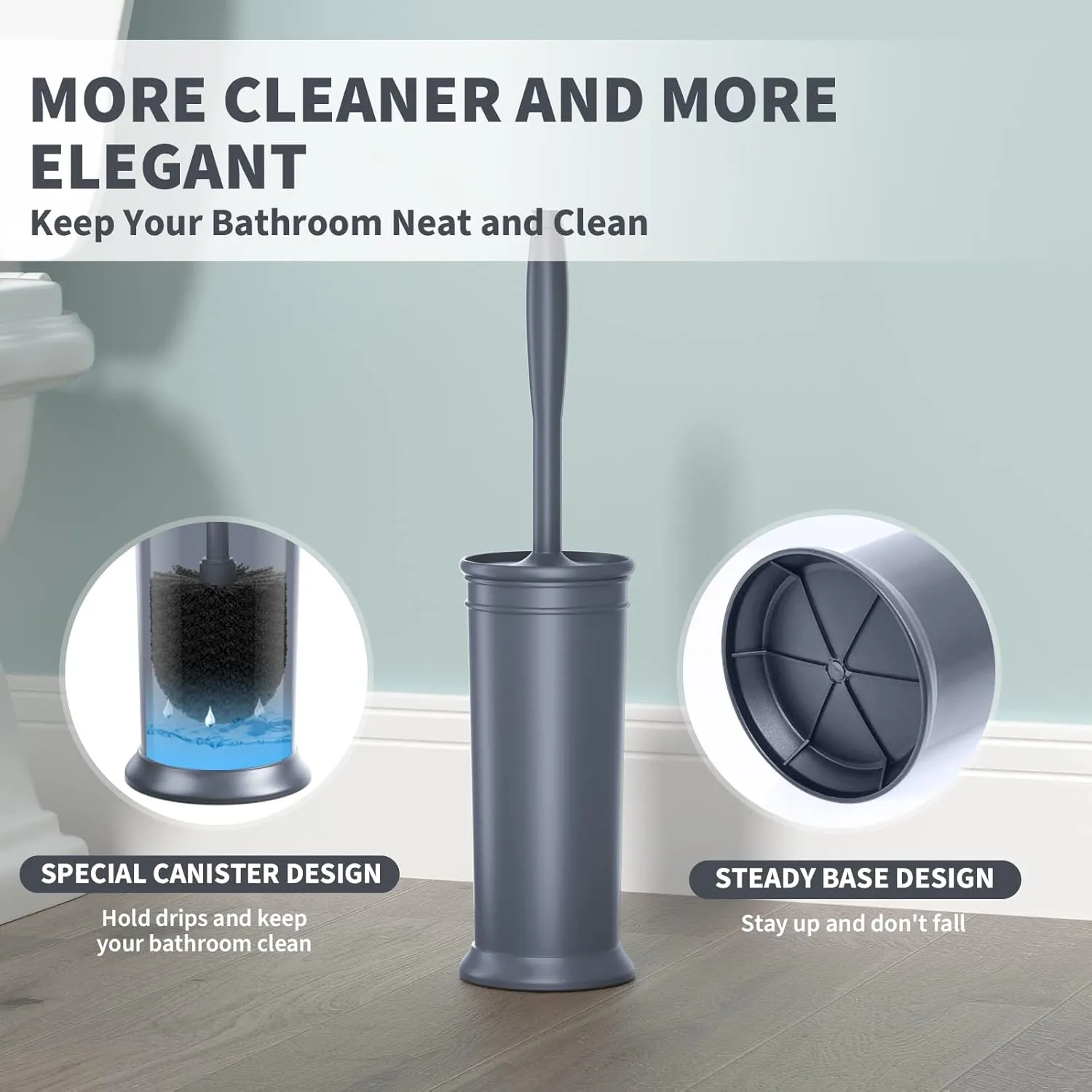 Toilet Brush and Holder 2 Pack, Toilet Bowl Brush with Extra Long Handle, Toilet Scrubber and Covered Holder, Toilet Brushes for Bathroom-Space Saving, Covered Brush, Durable, Deep Cleaning(Grey)
