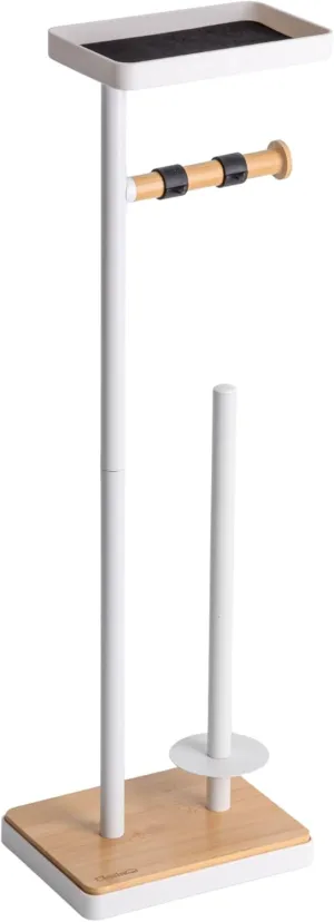 Toilet Paper Holder Stand, Free Standing Toilet Paper Holder with Storage and Top Shelf, White Toilet Paper Holder Weighted Base with Bamboo Design for Bathroom