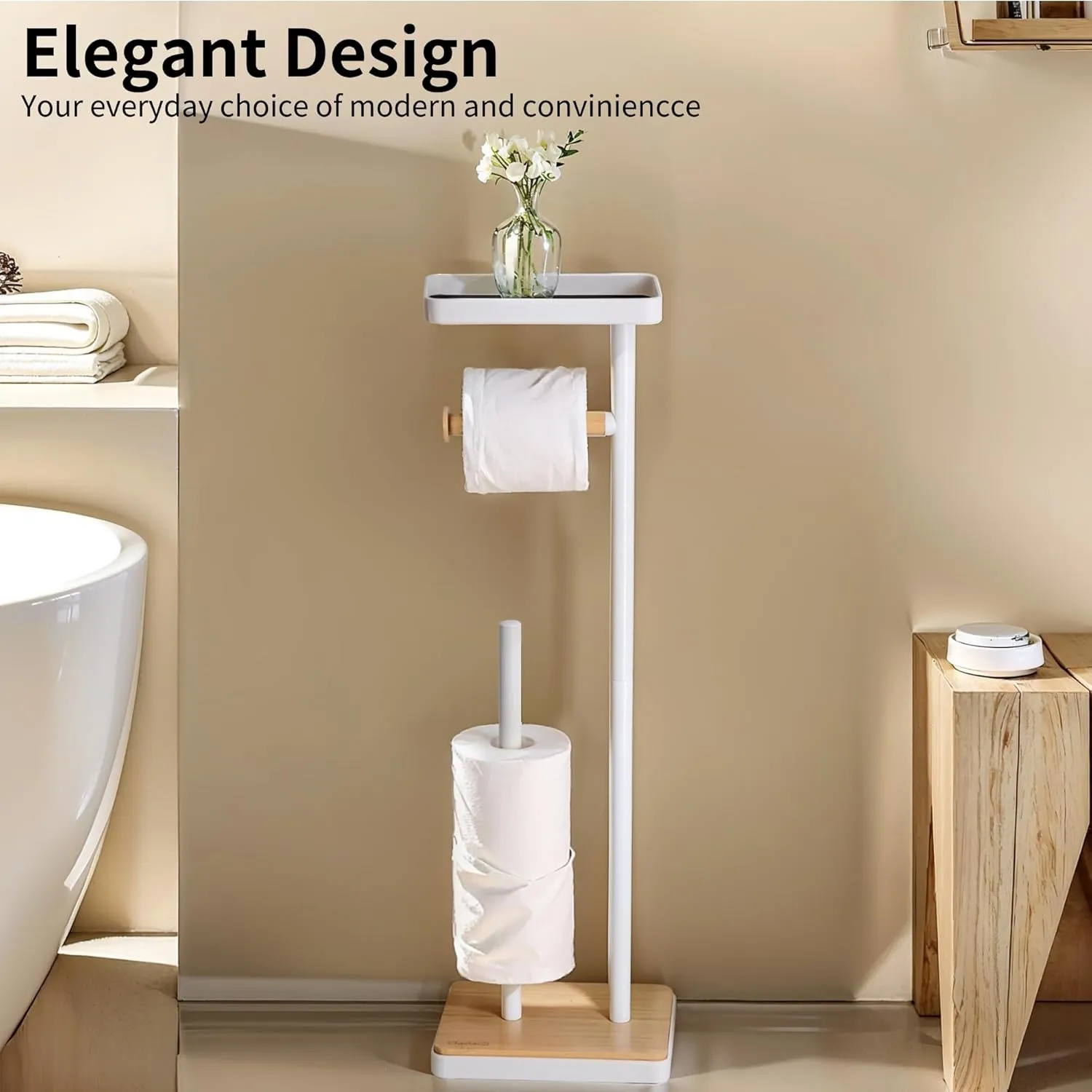 Toilet Paper Holder Stand, Free Standing Toilet Paper Holder with Storage and Top Shelf, White Toilet Paper Holder Weighted Base with Bamboo Design for Bathroom