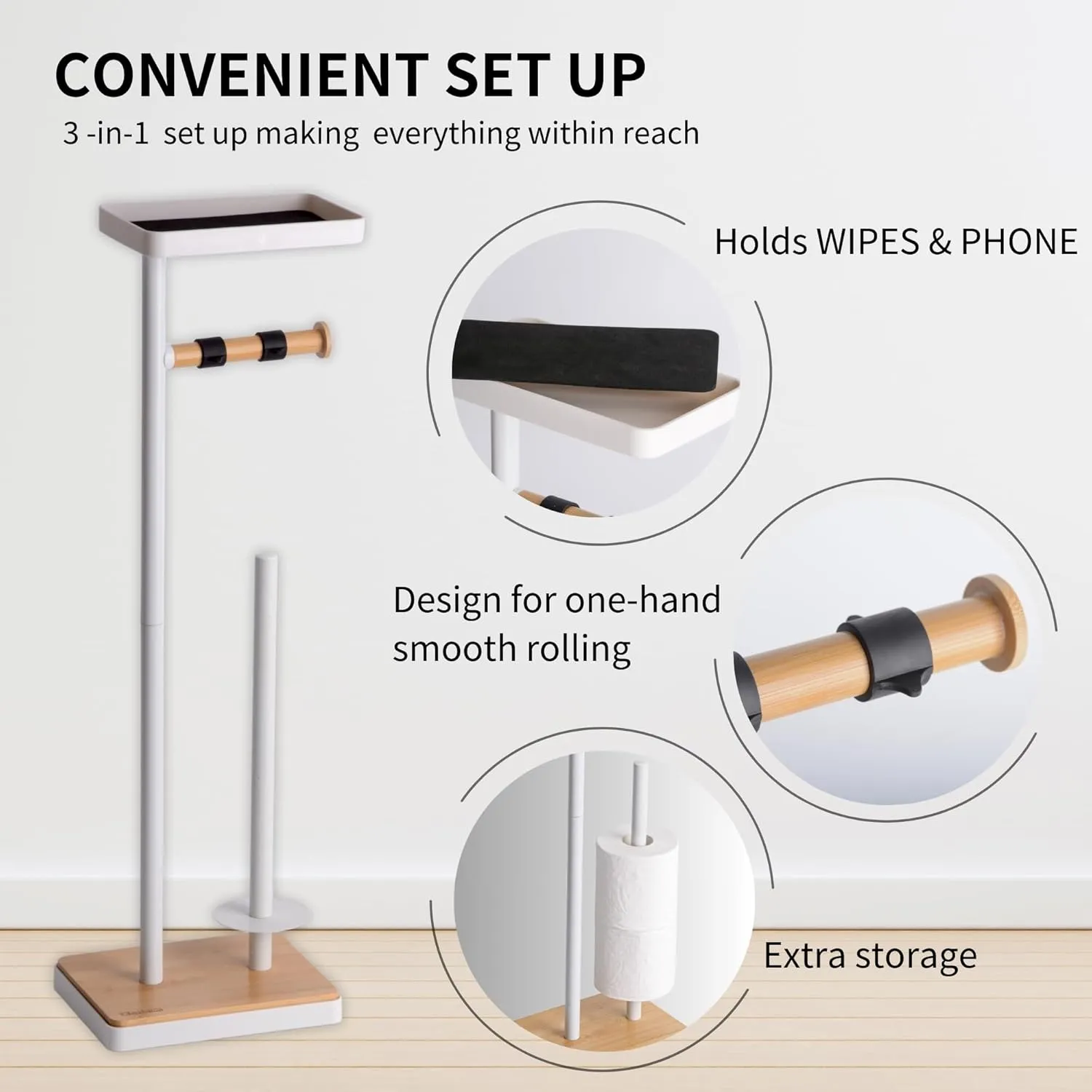 Toilet Paper Holder Stand, Free Standing Toilet Paper Holder with Storage and Top Shelf, White Toilet Paper Holder Weighted Base with Bamboo Design for Bathroom