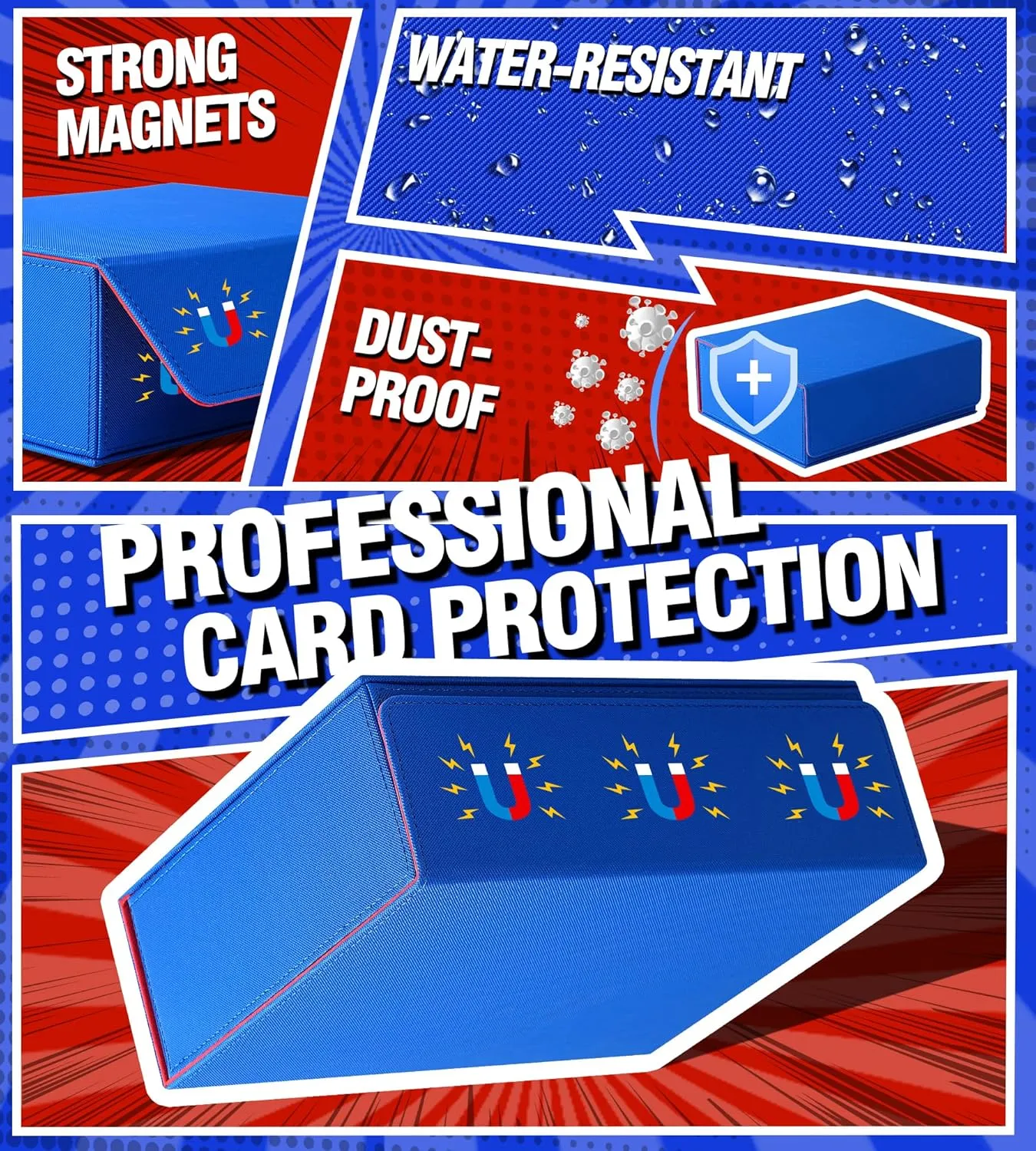 Trading Card Storage Box - 2400  Commander Deck Case for Magic the Gathering PKM YuGiOh Sports Cards, Leather MTG TCG PTCG with 12 PVC Dividers 4 Card Supporters, Blue and Red