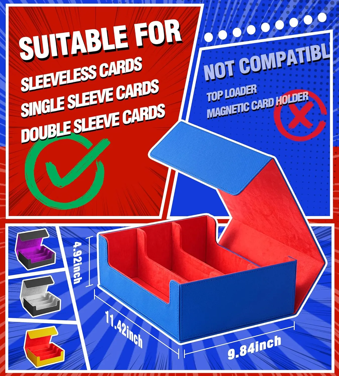 Trading Card Storage Box - 2400  Commander Deck Case for Magic the Gathering PKM YuGiOh Sports Cards, Leather MTG TCG PTCG with 12 PVC Dividers 4 Card Supporters, Blue and Red