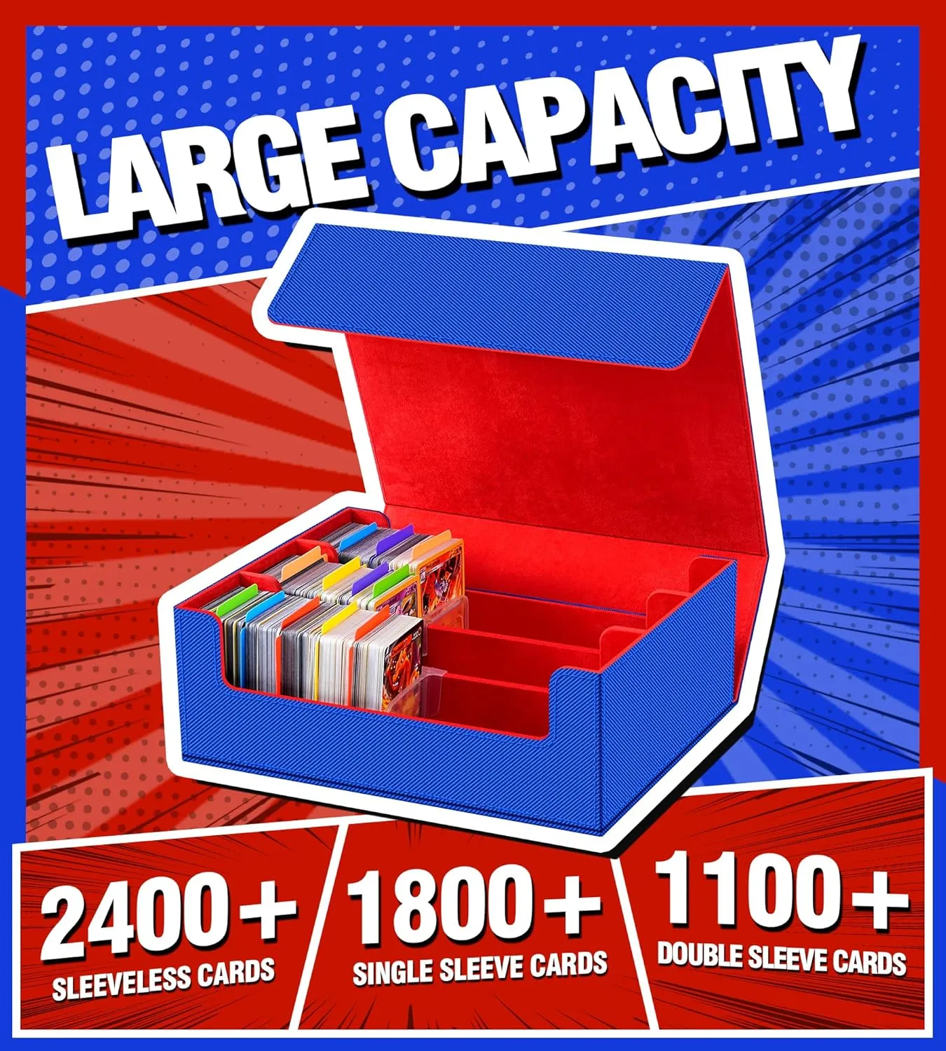 Trading Card Storage Box - 2400  Commander Deck Case for Magic the Gathering PKM YuGiOh Sports Cards, Leather MTG TCG PTCG with 12 PVC Dividers 4 Card Supporters, Blue and Red