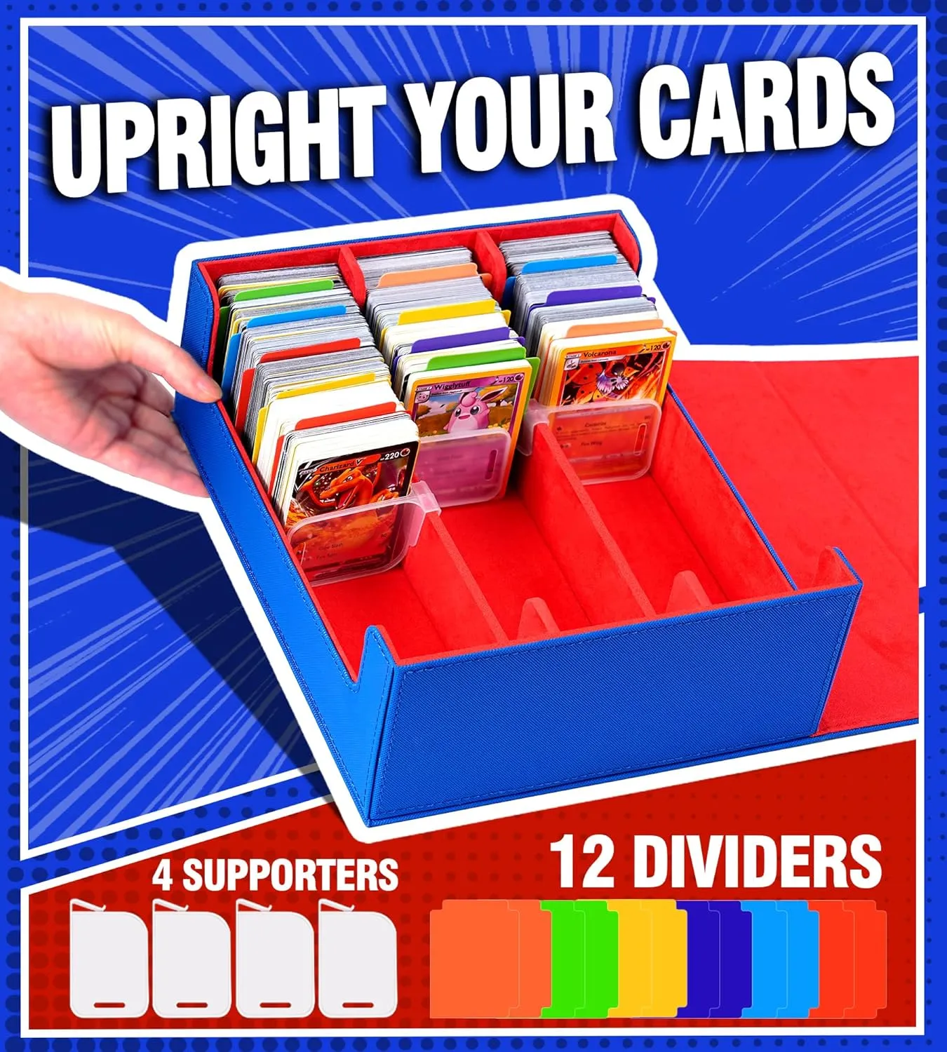 Trading Card Storage Box - 2400  Commander Deck Case for Magic the Gathering PKM YuGiOh Sports Cards, Leather MTG TCG PTCG with 12 PVC Dividers 4 Card Supporters, Blue and Red