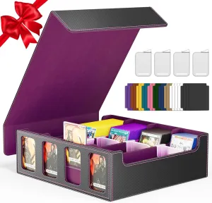 Trading Card Storage Box Fits 3200  Cards, MTG Commander Deck Box with 24 Colorful Dividers & 4 Card Supporters, PU Leather Bulk TCG Storage Case Fits for Magic/TCG/YuGiOh/Sport Cards- Black & Purple