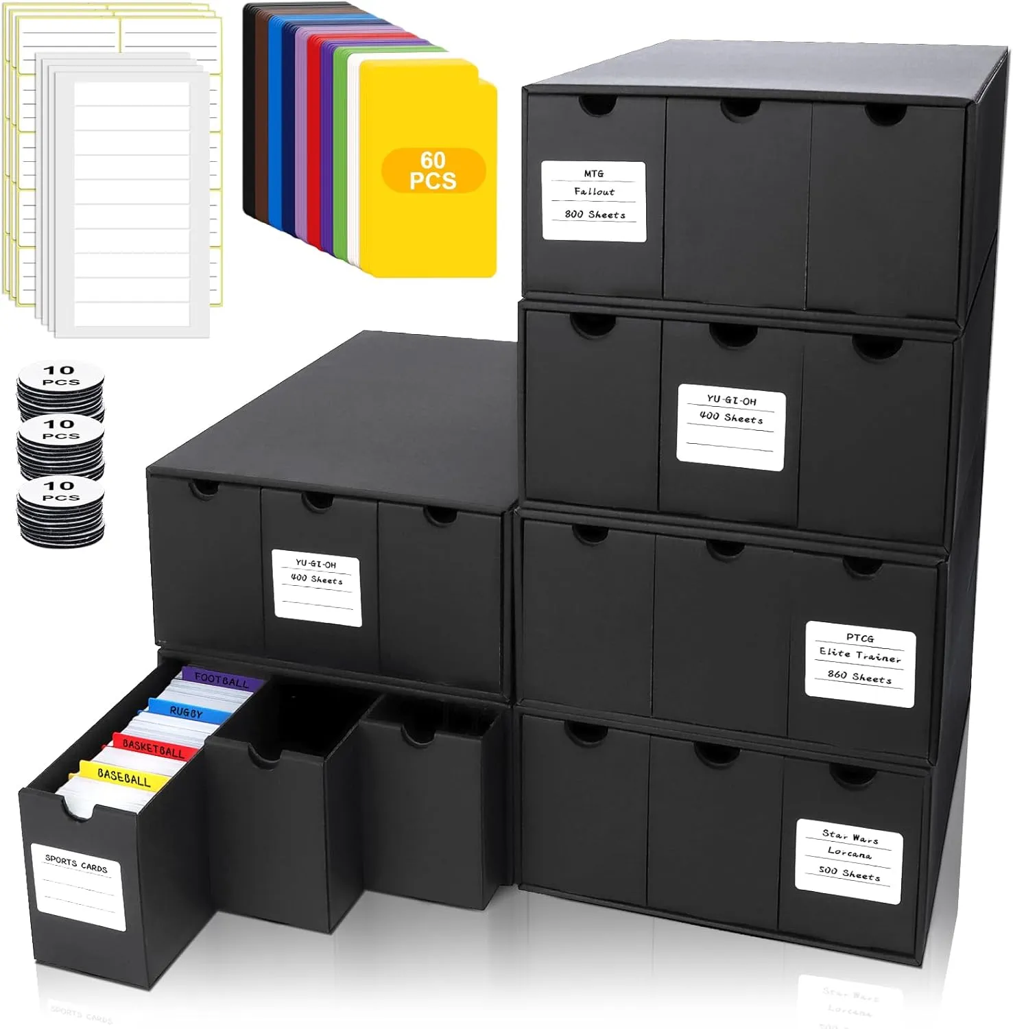Trading Card Storage Box, Includes 18-600 CT Boxes & 60 Card Dividers, Trading Card Organizer for Collectible Card Games, for TCG, YuGiOh, MTG, PTCG, Baseball Cards, with Labels & Tapes