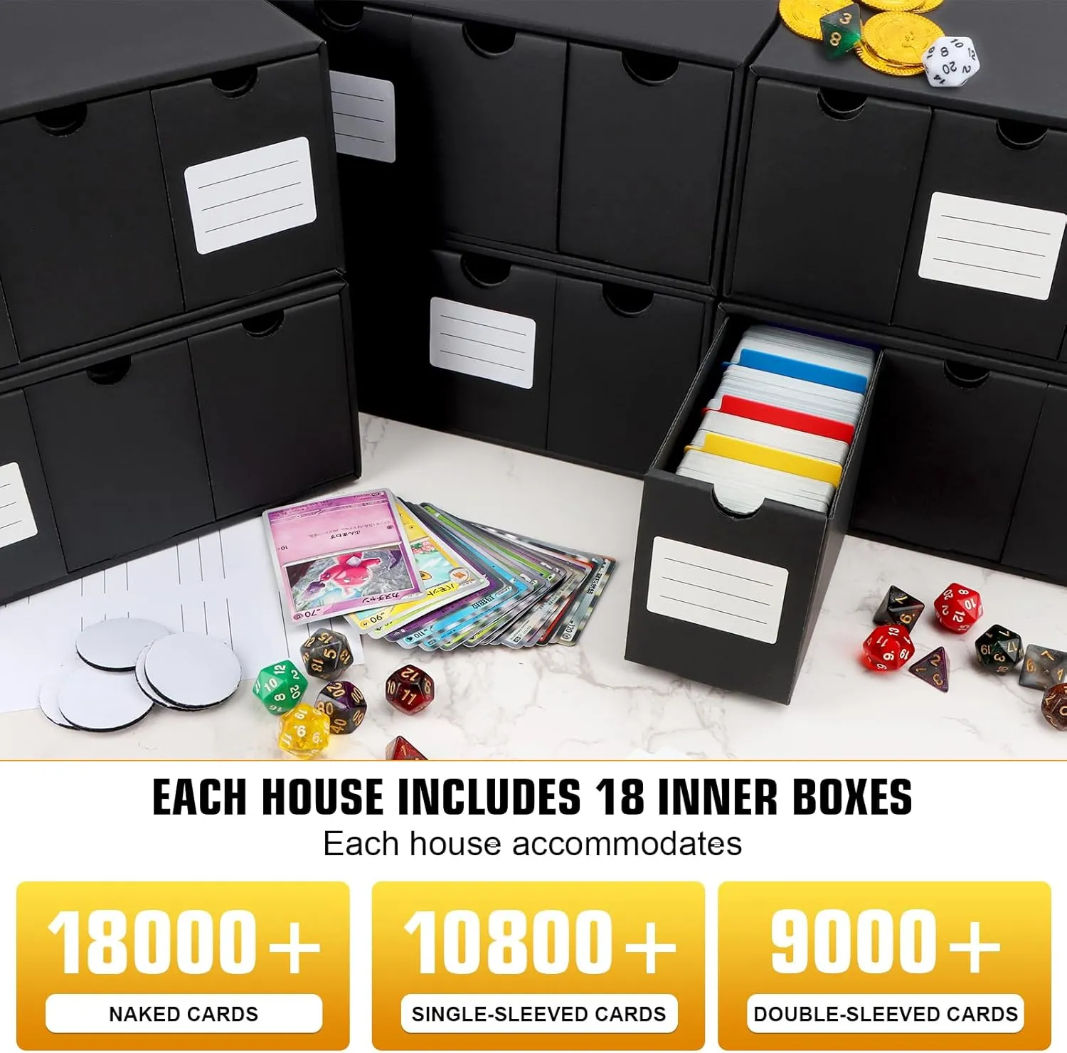 Trading Card Storage Box, Includes 18-600 CT Boxes & 60 Card Dividers, Trading Card Organizer for Collectible Card Games, for TCG, YuGiOh, MTG, PTCG, Baseball Cards, with Labels & Tapes