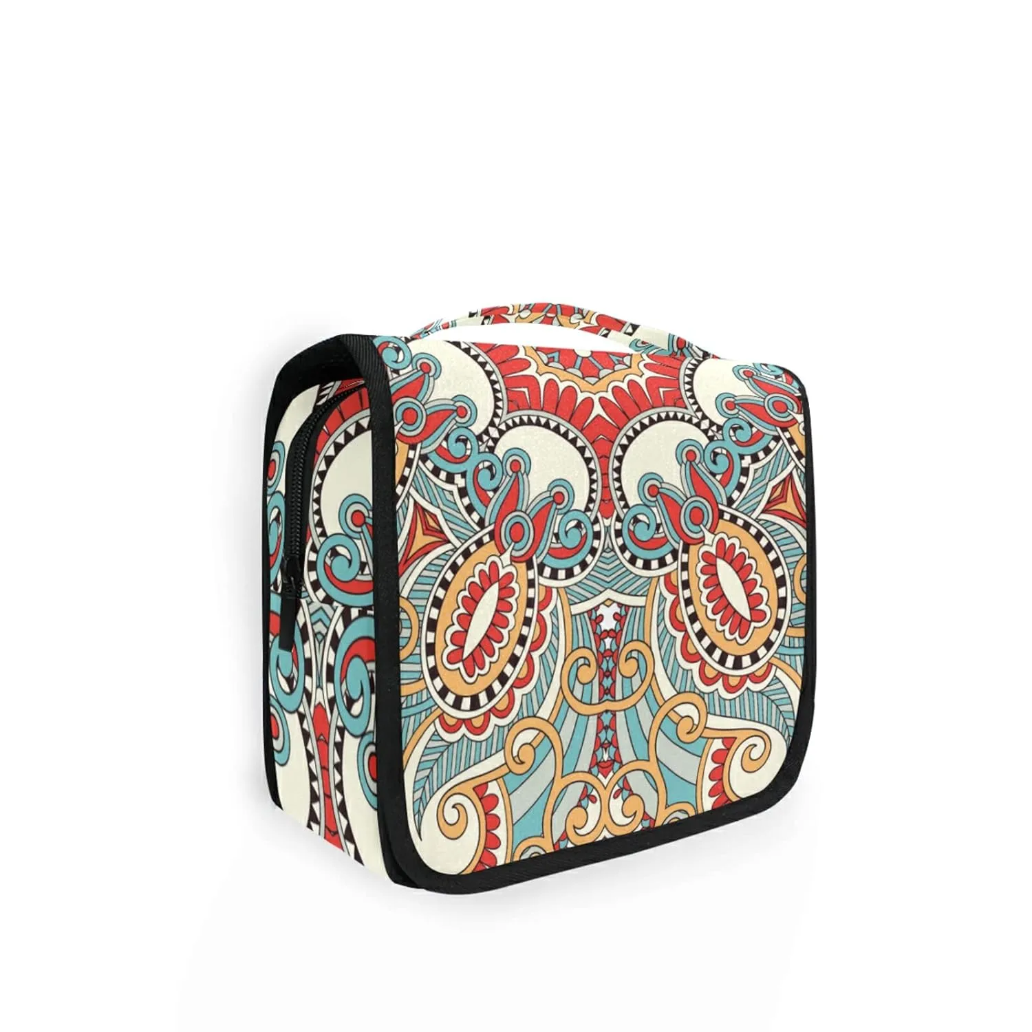 Traditional Ornamental Floral Paisley Flower Travel Cosmetic Bag, Hanging Toiletry Wash bag, Portable Makeup Organizer Brush Case, Storage Bag with Hook for Bathroom Toilet