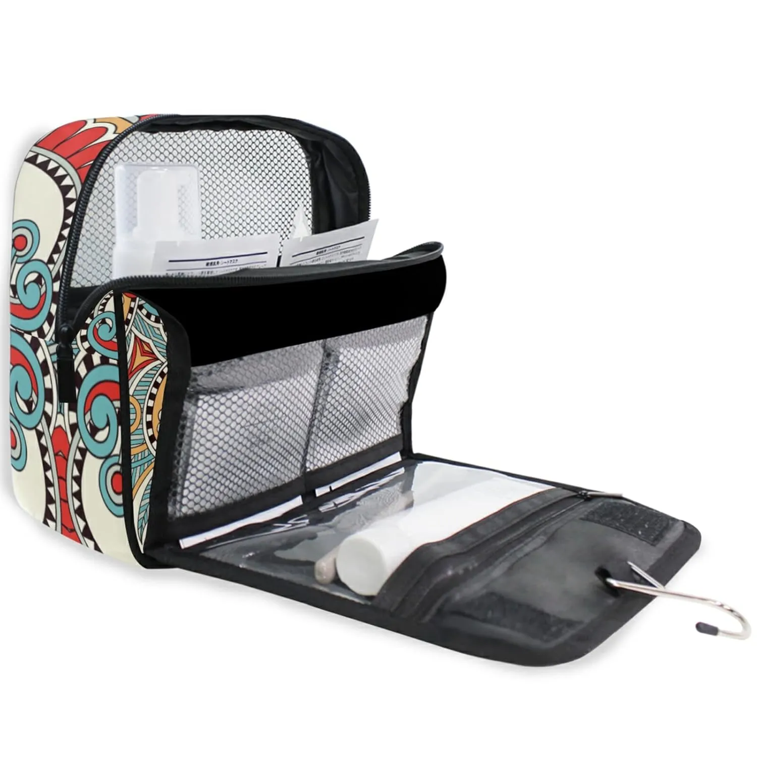 Traditional Ornamental Floral Paisley Flower Travel Cosmetic Bag, Hanging Toiletry Wash bag, Portable Makeup Organizer Brush Case, Storage Bag with Hook for Bathroom Toilet