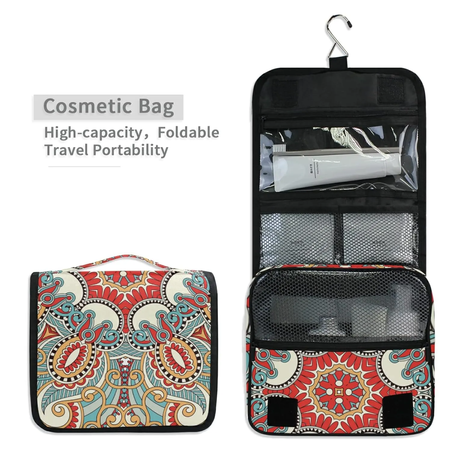 Traditional Ornamental Floral Paisley Flower Travel Cosmetic Bag, Hanging Toiletry Wash bag, Portable Makeup Organizer Brush Case, Storage Bag with Hook for Bathroom Toilet