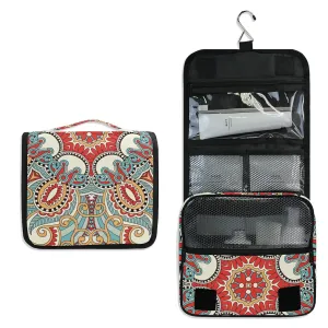 Traditional Ornamental Floral Paisley Flower Travel Cosmetic Bag, Hanging Toiletry Wash bag, Portable Makeup Organizer Brush Case, Storage Bag with Hook for Bathroom Toilet