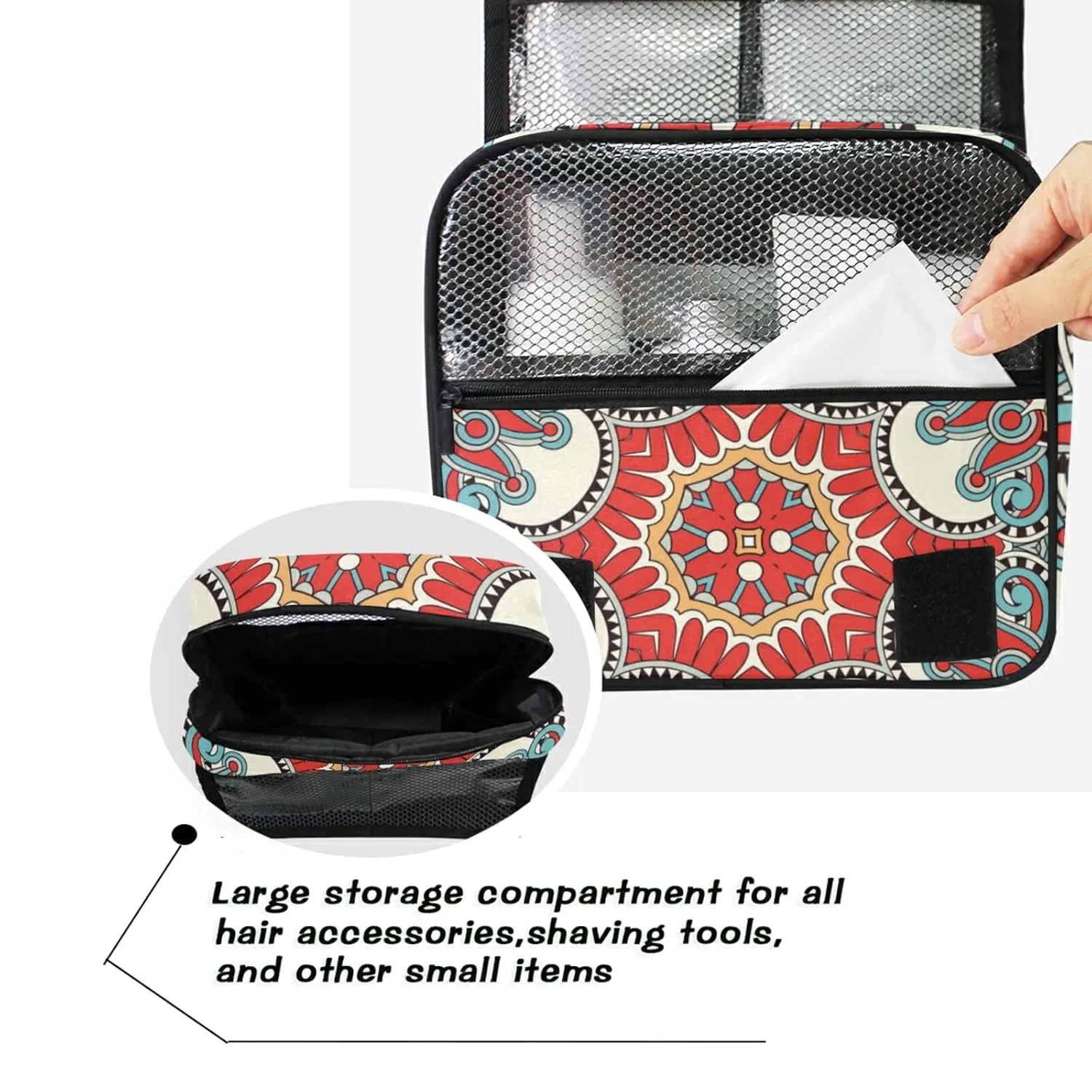 Traditional Ornamental Floral Paisley Flower Travel Cosmetic Bag, Hanging Toiletry Wash bag, Portable Makeup Organizer Brush Case, Storage Bag with Hook for Bathroom Toilet