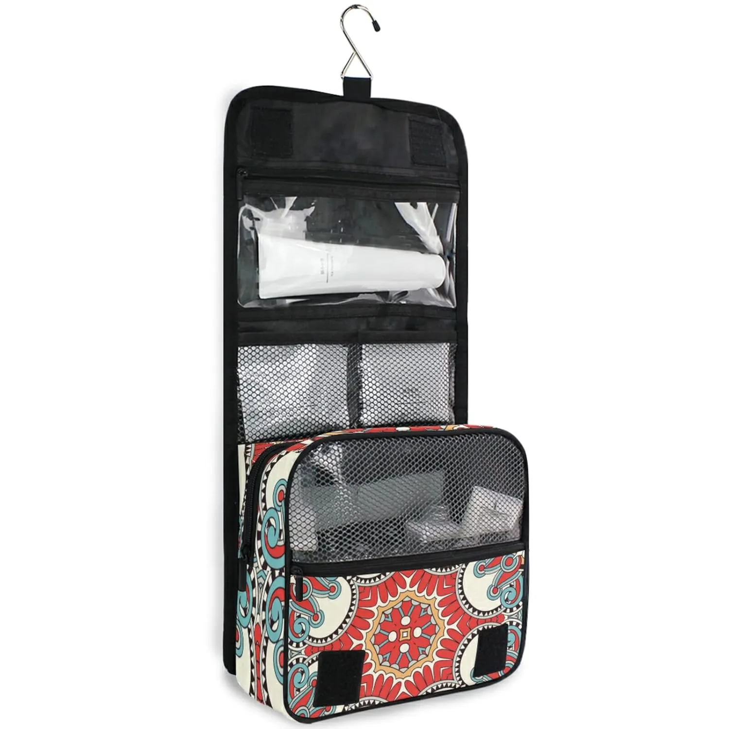 Traditional Ornamental Floral Paisley Flower Travel Cosmetic Bag, Hanging Toiletry Wash bag, Portable Makeup Organizer Brush Case, Storage Bag with Hook for Bathroom Toilet