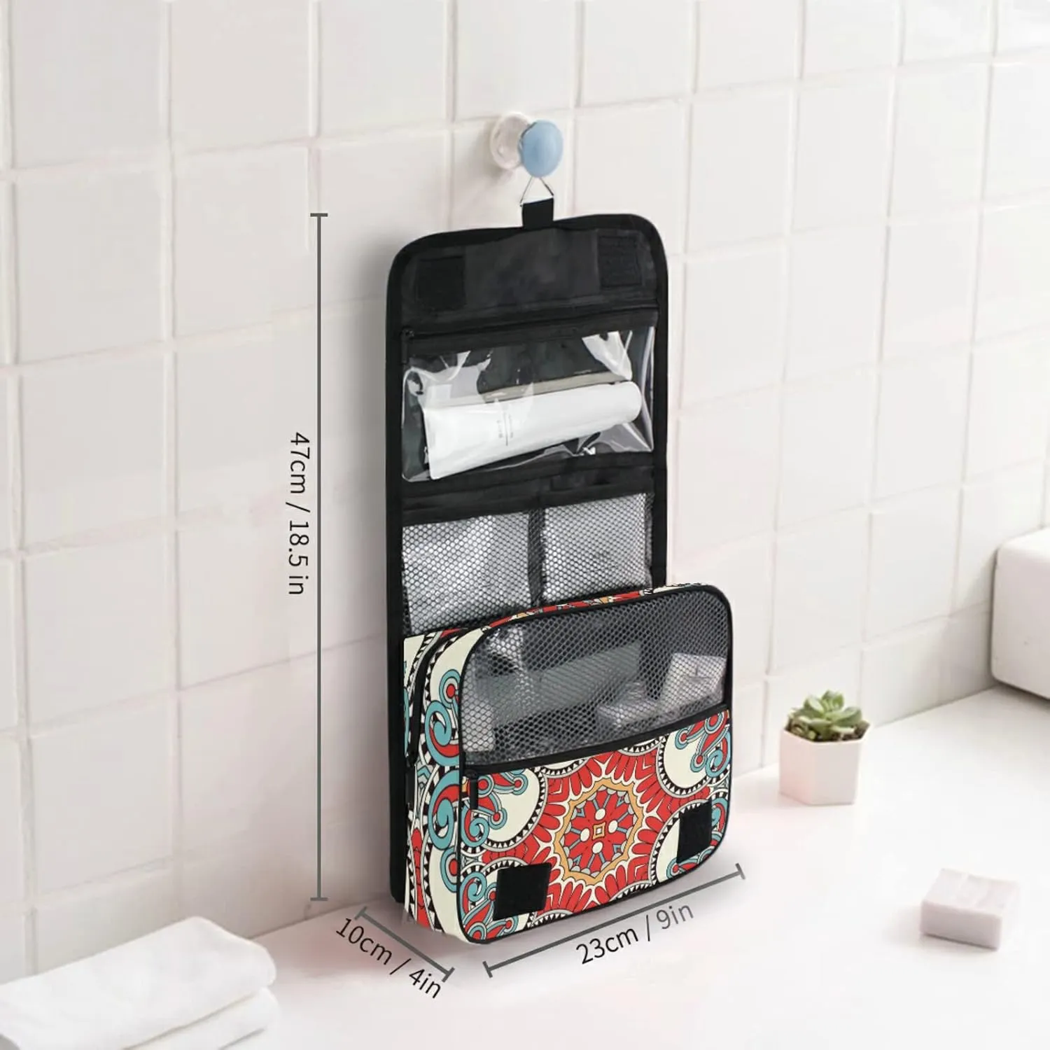 Traditional Ornamental Floral Paisley Flower Travel Cosmetic Bag, Hanging Toiletry Wash bag, Portable Makeup Organizer Brush Case, Storage Bag with Hook for Bathroom Toilet