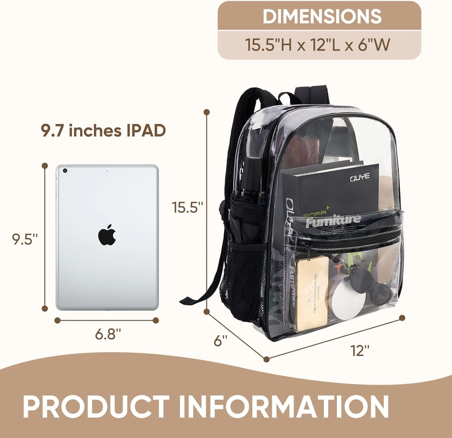 Transparent Campus Backpack, School Book Bag for Boys and Girls Ages 5-7, Clear Backpack Stadium Approved, Made of Waterproof PVC Plastic Material and Strong Reinforced Shoulder Straps 15.5 Inch