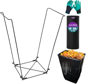 Trash Bag Holder Outdoor Leaf Bag Support Stand with 15 PCS 39 Gallon trash bags | Metal Garbage Bag Frame Holder for 30-45 Gallons Bags for Camping, Leaves, Gardening Parties | Black