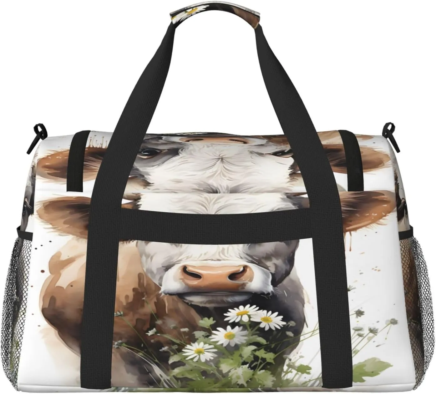 Travel Duffel Bag For Men Women, Animal Cow Daisy Flower Carry On Sport Gym Bag With Shoulder Strap Lightweight Waterproof Weekender Bag Overnight Bag