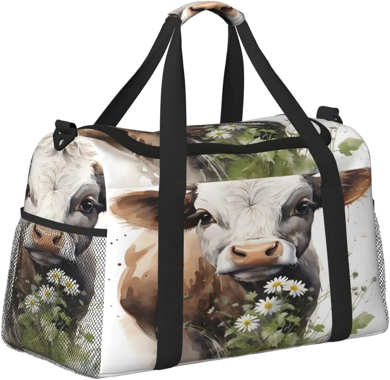Travel Duffel Bag For Men Women, Animal Cow Daisy Flower Carry On Sport Gym Bag With Shoulder Strap Lightweight Waterproof Weekender Bag Overnight Bag