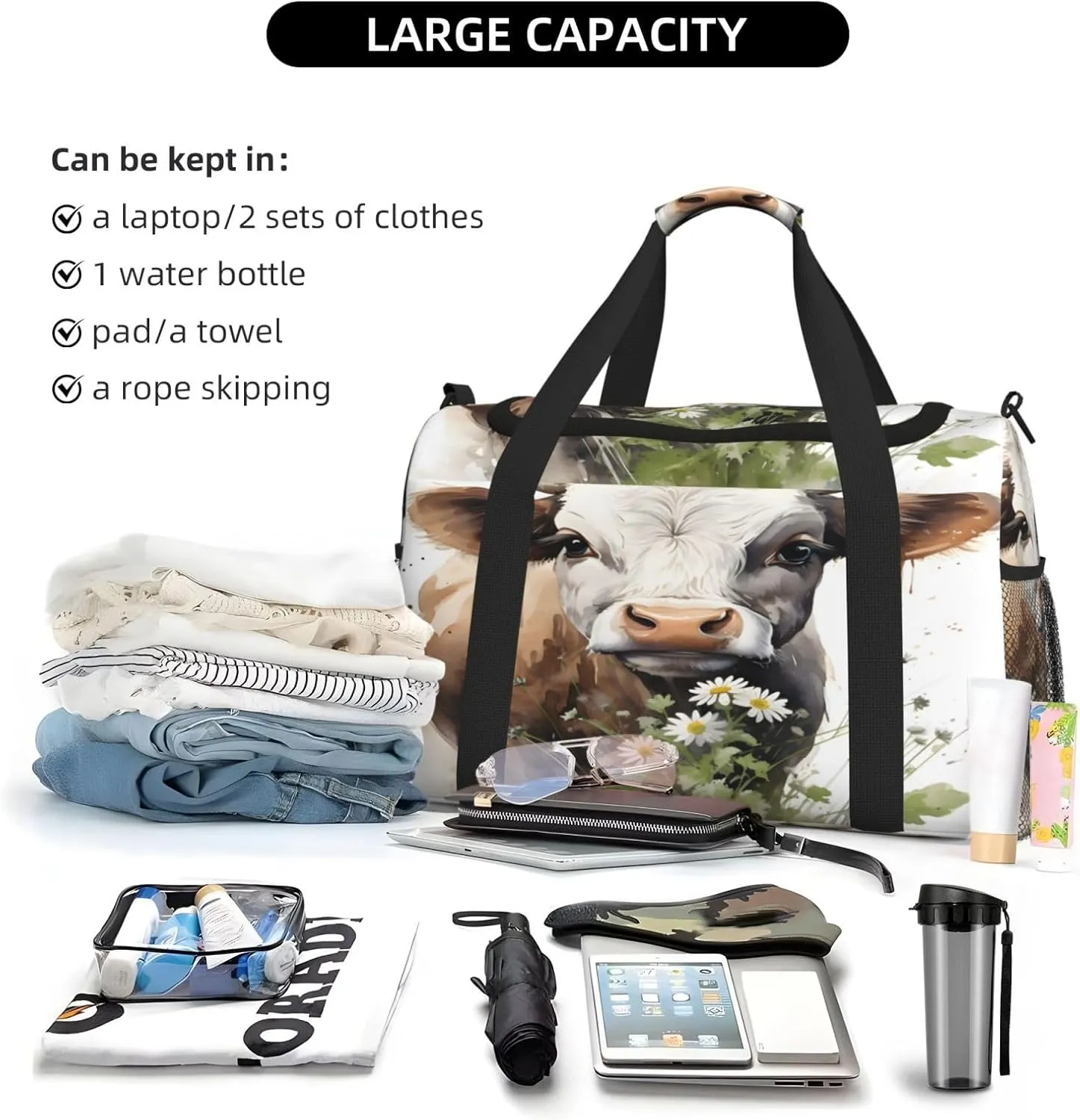 Travel Duffel Bag For Men Women, Animal Cow Daisy Flower Carry On Sport Gym Bag With Shoulder Strap Lightweight Waterproof Weekender Bag Overnight Bag