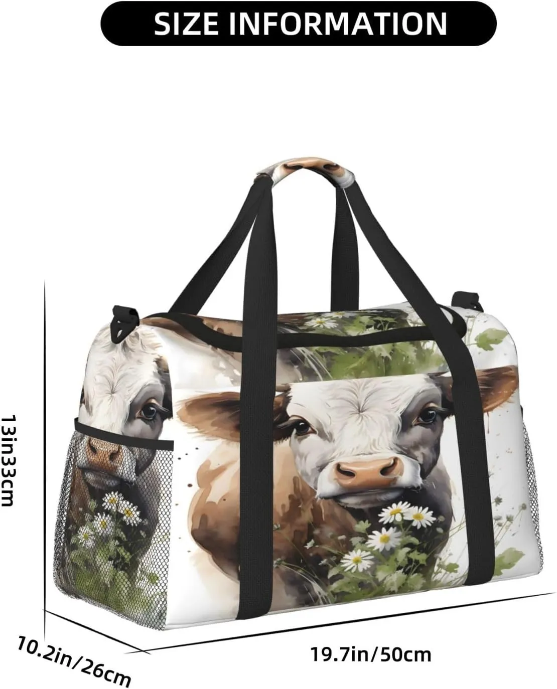 Travel Duffel Bag For Men Women, Animal Cow Daisy Flower Carry On Sport Gym Bag With Shoulder Strap Lightweight Waterproof Weekender Bag Overnight Bag