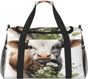 Travel Duffel Bag For Men Women, Animal Cow Daisy Flower Carry On Sport Gym Bag With Shoulder Strap Lightweight Waterproof Weekender Bag Overnight Bag