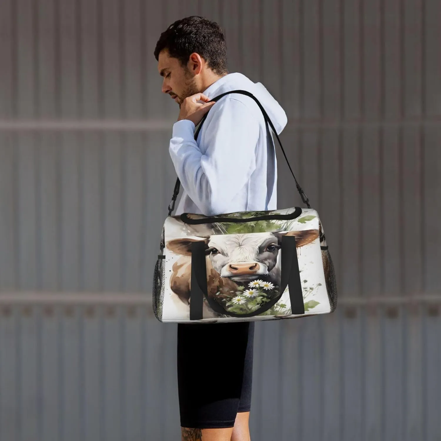 Travel Duffel Bag For Men Women, Animal Cow Daisy Flower Carry On Sport Gym Bag With Shoulder Strap Lightweight Waterproof Weekender Bag Overnight Bag