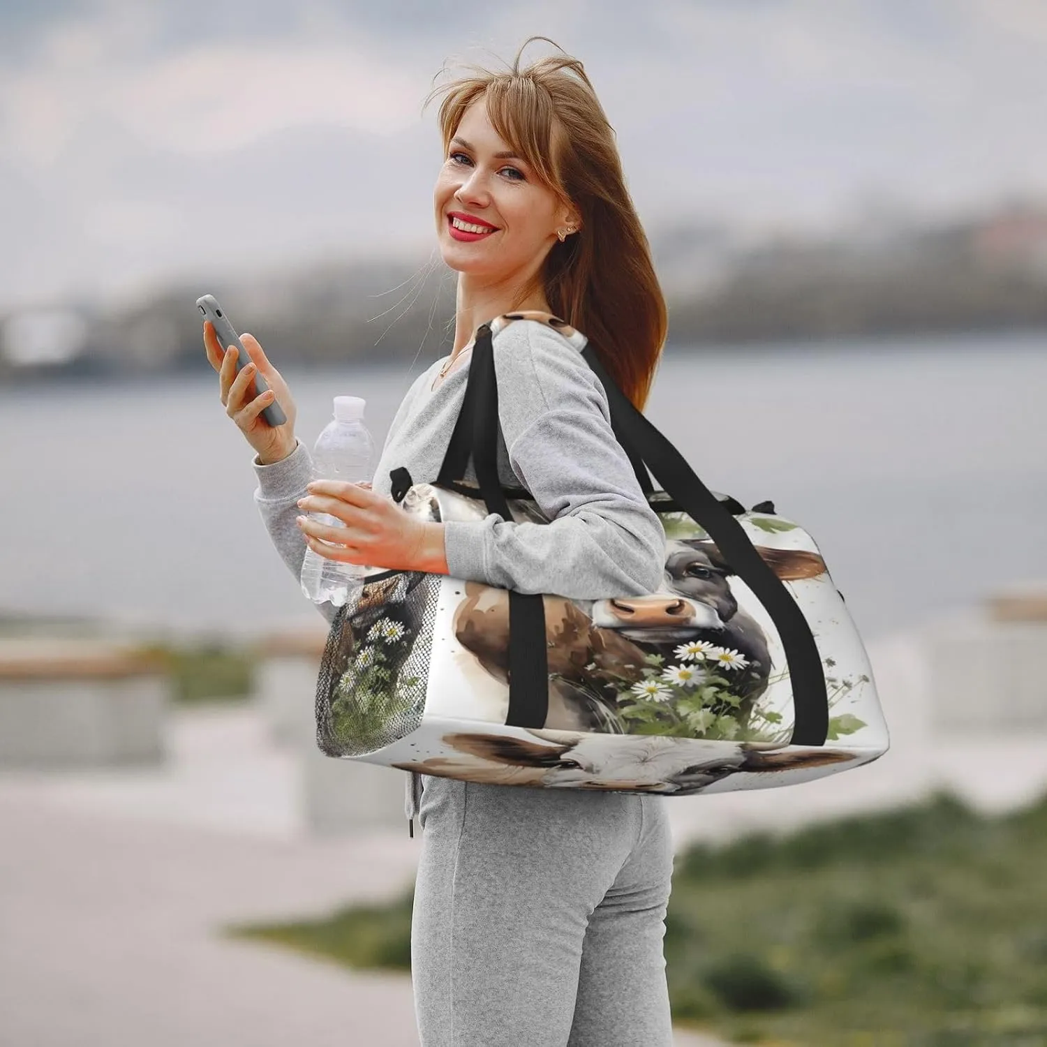 Travel Duffel Bag For Men Women, Animal Cow Daisy Flower Carry On Sport Gym Bag With Shoulder Strap Lightweight Waterproof Weekender Bag Overnight Bag