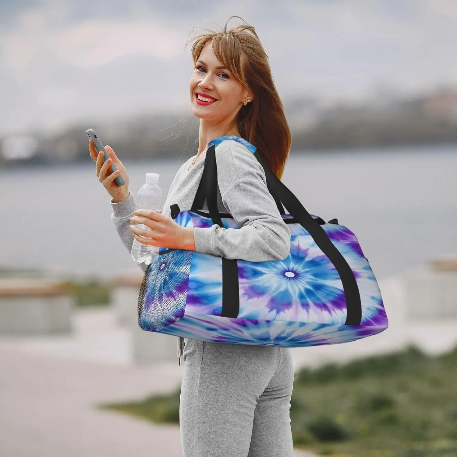 Travel Duffel Bag For Men Women, Blue Purple Tie Dye Mandala Flower Carry On Sport Gym Bag With Shoulder Strap Lightweight Waterproof Weekender Bag Overnight Bag
