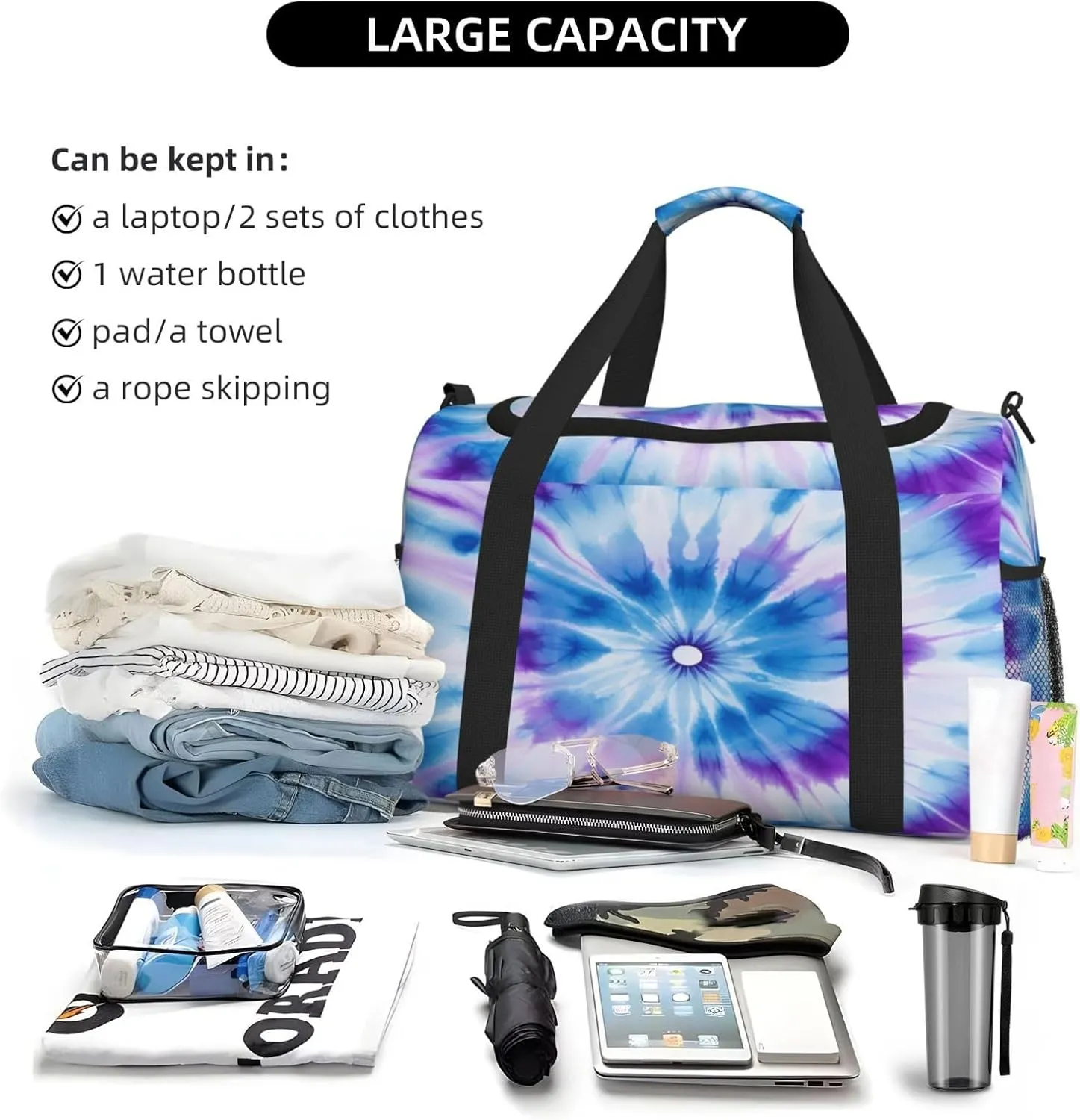 Travel Duffel Bag For Men Women, Blue Purple Tie Dye Mandala Flower Carry On Sport Gym Bag With Shoulder Strap Lightweight Waterproof Weekender Bag Overnight Bag