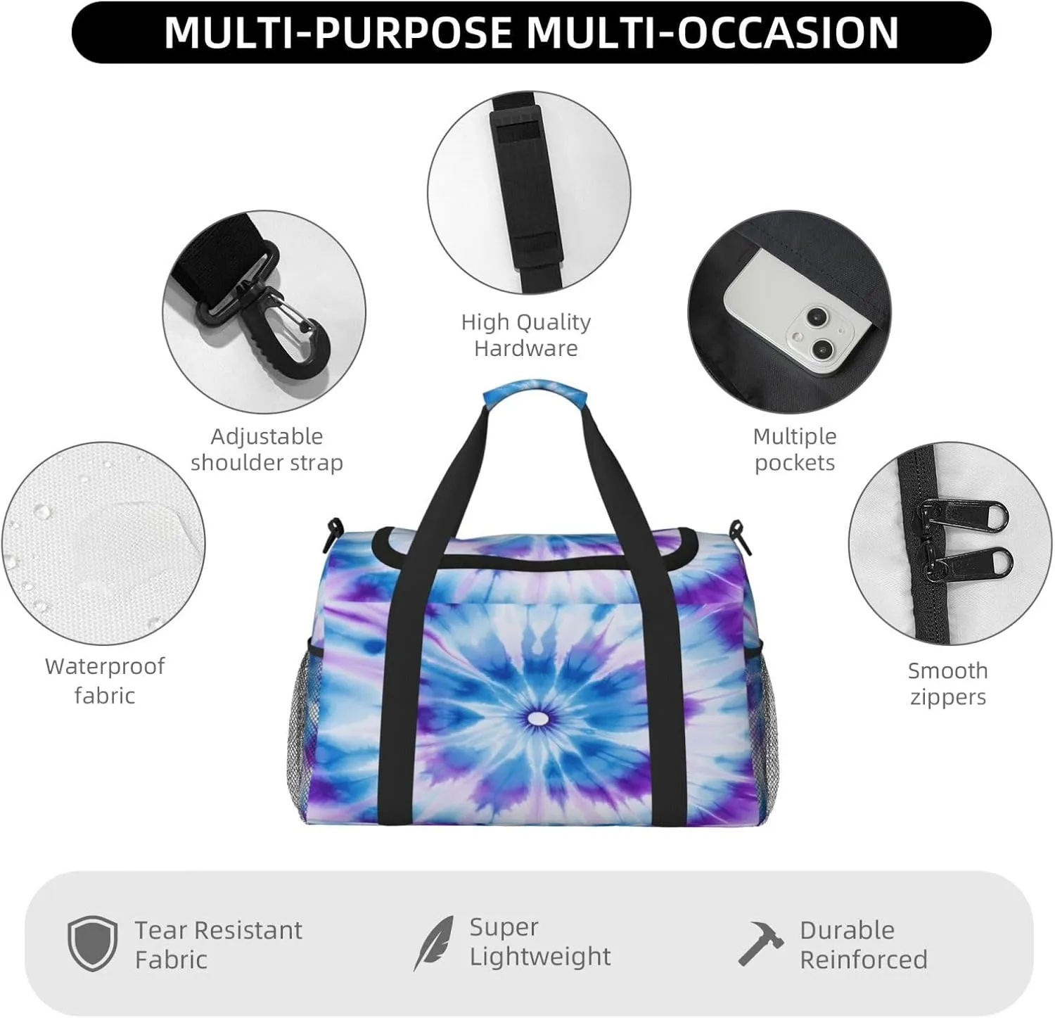 Travel Duffel Bag For Men Women, Blue Purple Tie Dye Mandala Flower Carry On Sport Gym Bag With Shoulder Strap Lightweight Waterproof Weekender Bag Overnight Bag