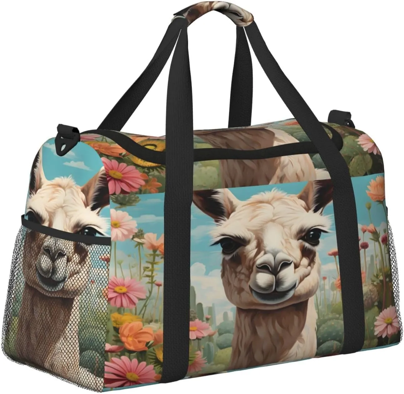 Travel Duffel Bag For Men Women, Cactus Flower Alpaca Lama Carry On Sport Gym Bag With Shoulder Strap Lightweight Waterproof Weekender Bag Overnight Bag