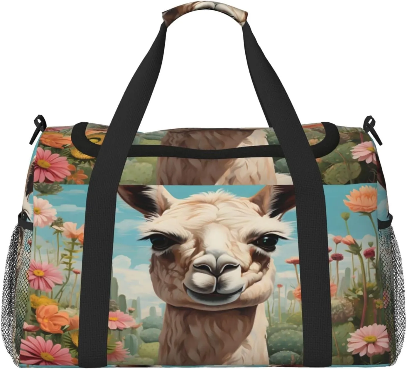 Travel Duffel Bag For Men Women, Cactus Flower Alpaca Lama Carry On Sport Gym Bag With Shoulder Strap Lightweight Waterproof Weekender Bag Overnight Bag