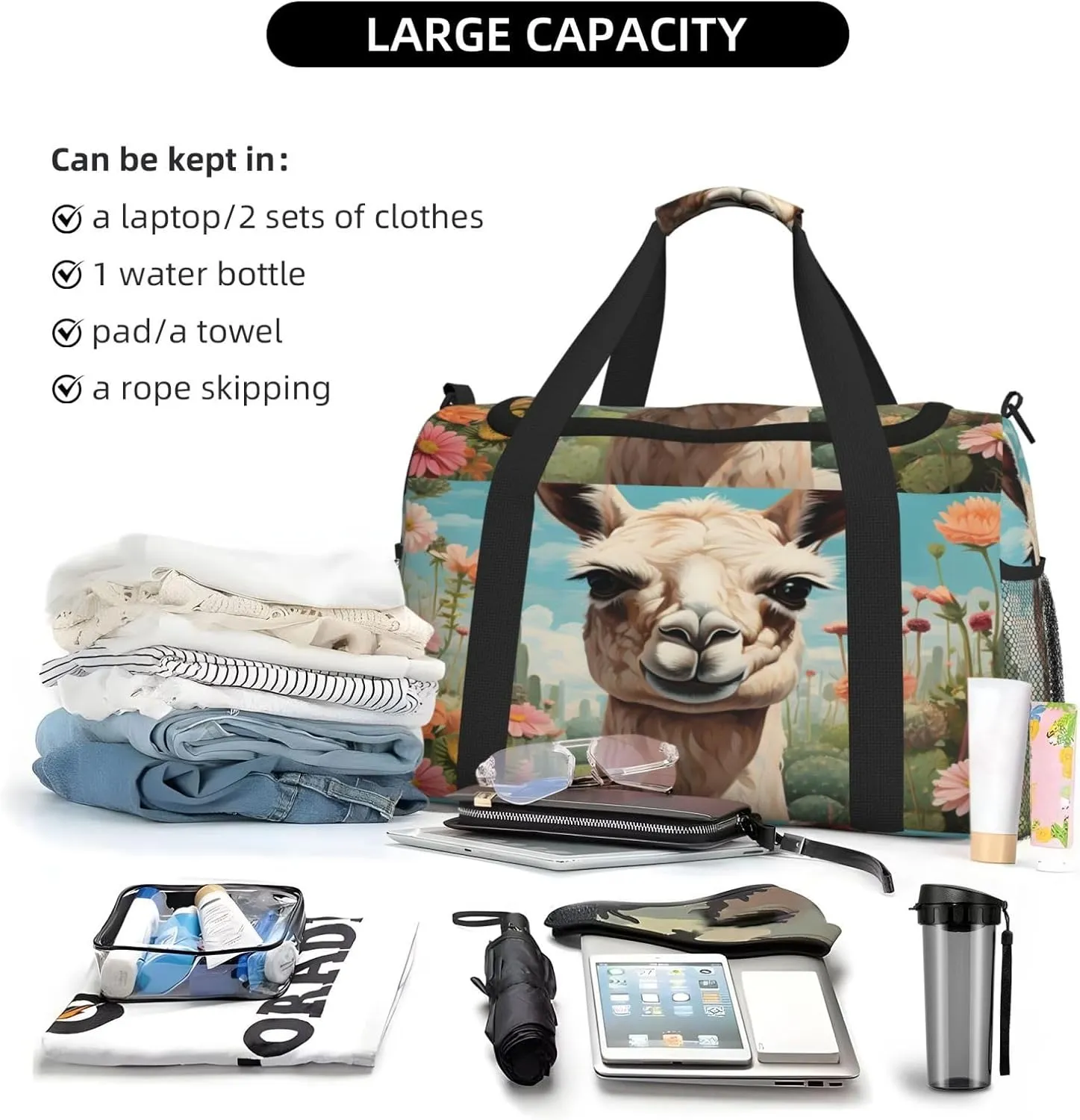 Travel Duffel Bag For Men Women, Cactus Flower Alpaca Lama Carry On Sport Gym Bag With Shoulder Strap Lightweight Waterproof Weekender Bag Overnight Bag