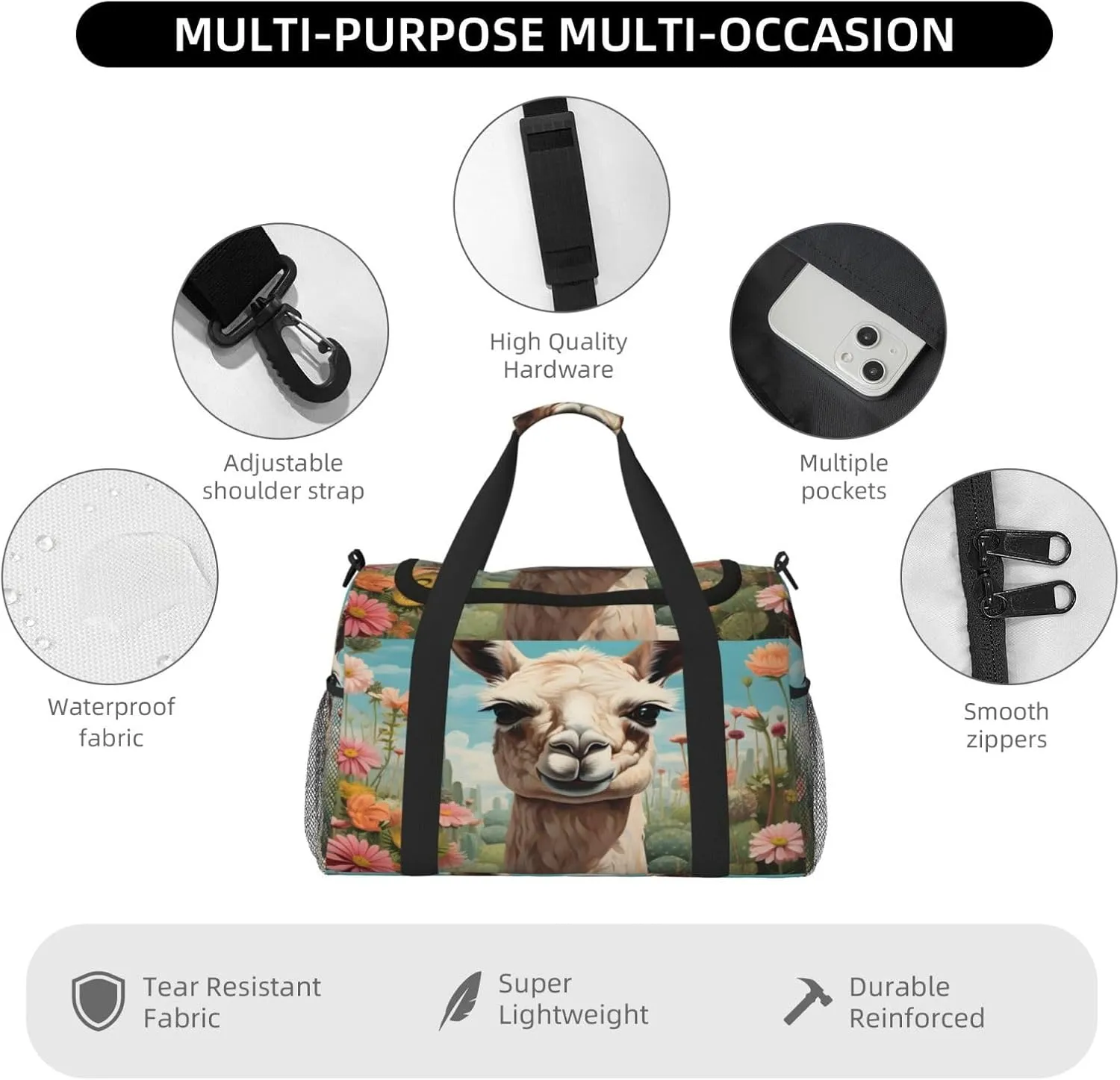 Travel Duffel Bag For Men Women, Cactus Flower Alpaca Lama Carry On Sport Gym Bag With Shoulder Strap Lightweight Waterproof Weekender Bag Overnight Bag